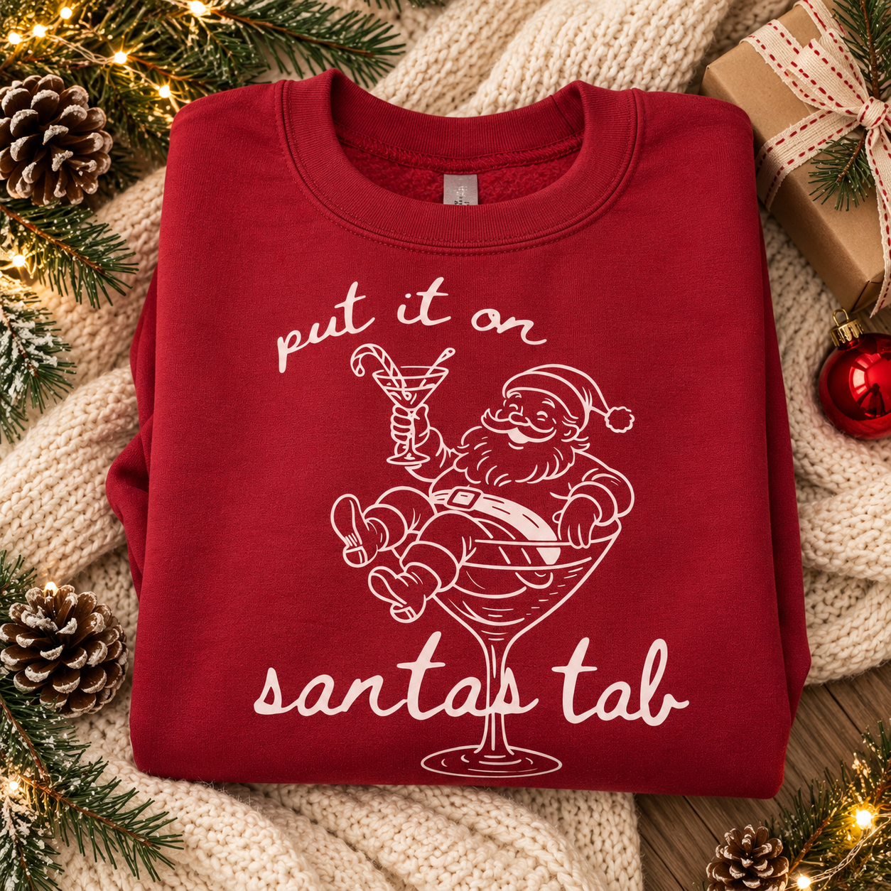 Put It On Santa’s Tab Red and Pink  Christmas Crewneck – Holiday Crewneck for Women