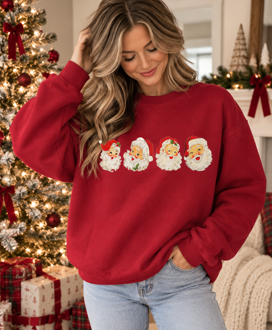 Red Vintage Santa Christmas Crewneck – Cozy Holiday Sweatshirt