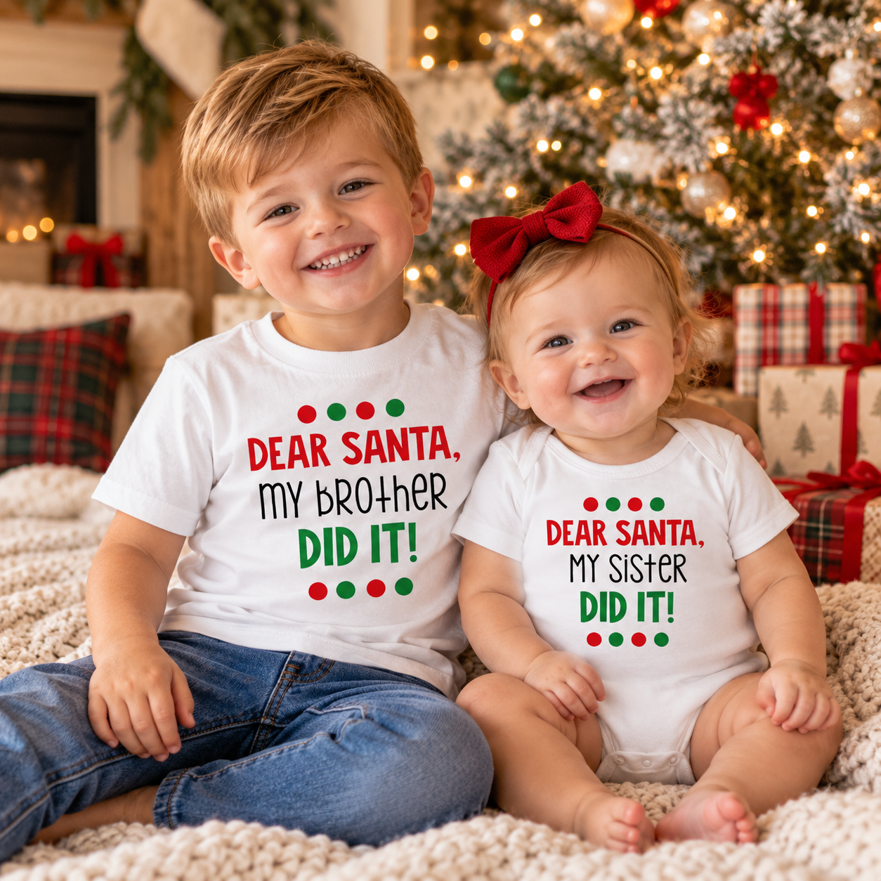 Dear Santa My Sister Did It, Dear Santa My Brother Did It Matching Sibling Christmas Shirts for Babies, Toddlers, and Kids
