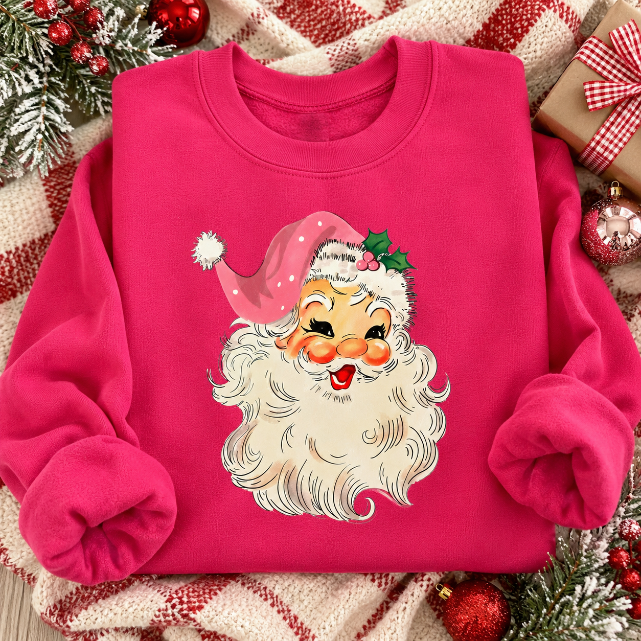 Dark Pink Vintage Santa Christmas Crewneck – Cozy Holiday Sweatshirt