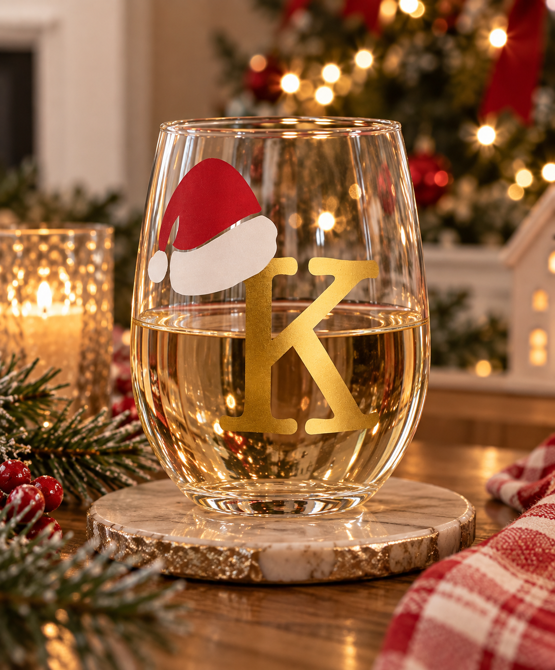 Personalized Stemless Santa Hat Christmas Wine Glass