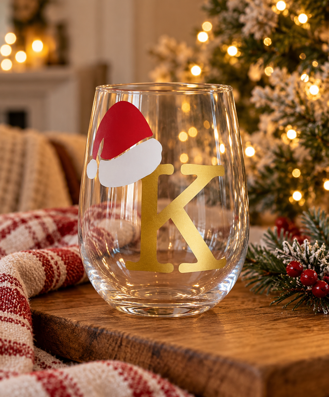 Personalized Stemless Santa Hat Christmas Wine Glass