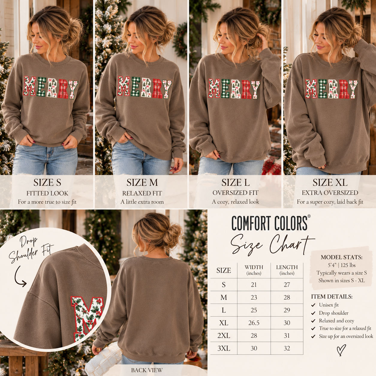 Merry Patchwork Christmas Crewneck, Brown Holiday Sweatshirt, Vintage Christmas Graphic Pullover
