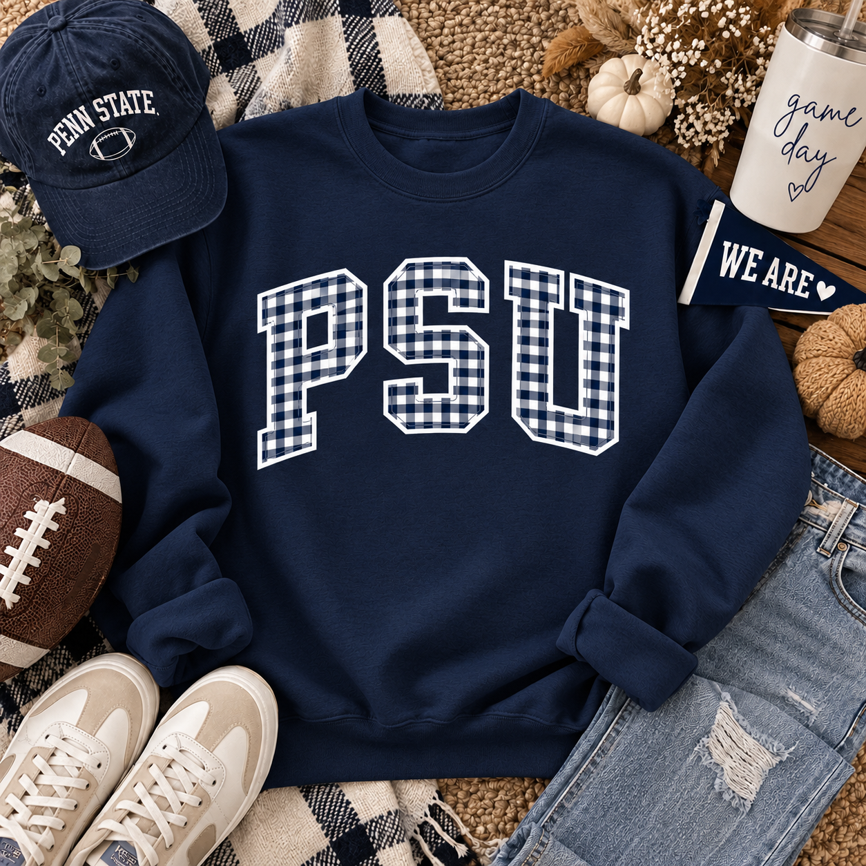 Navy and White Gingham Football Crewneck Sweatshirt