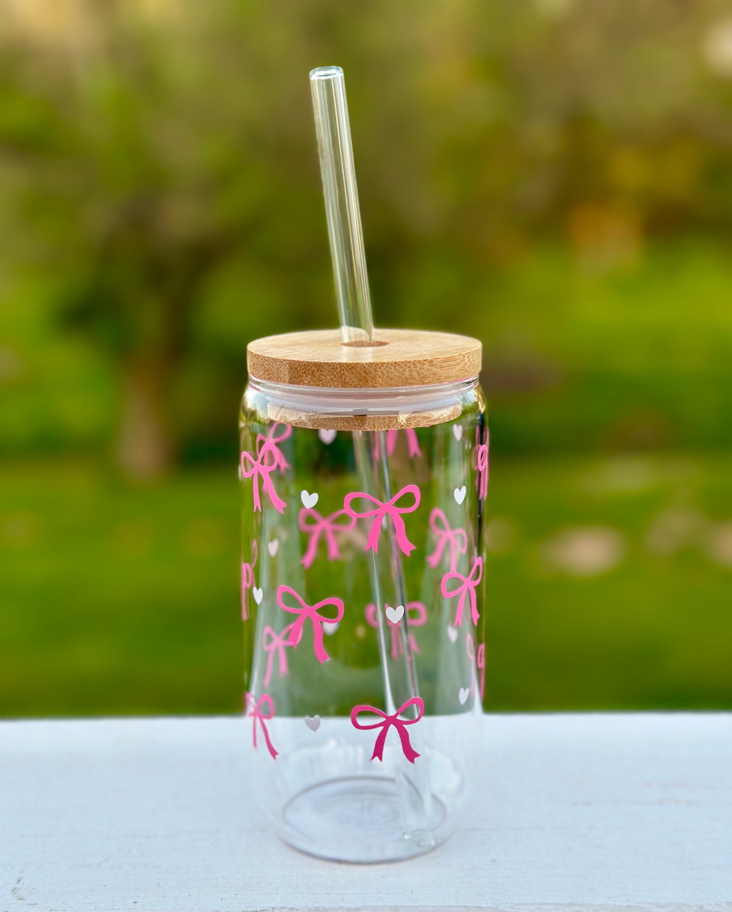 Coquette Pink Bow Glass With Bamboo Lid & Glass Straw