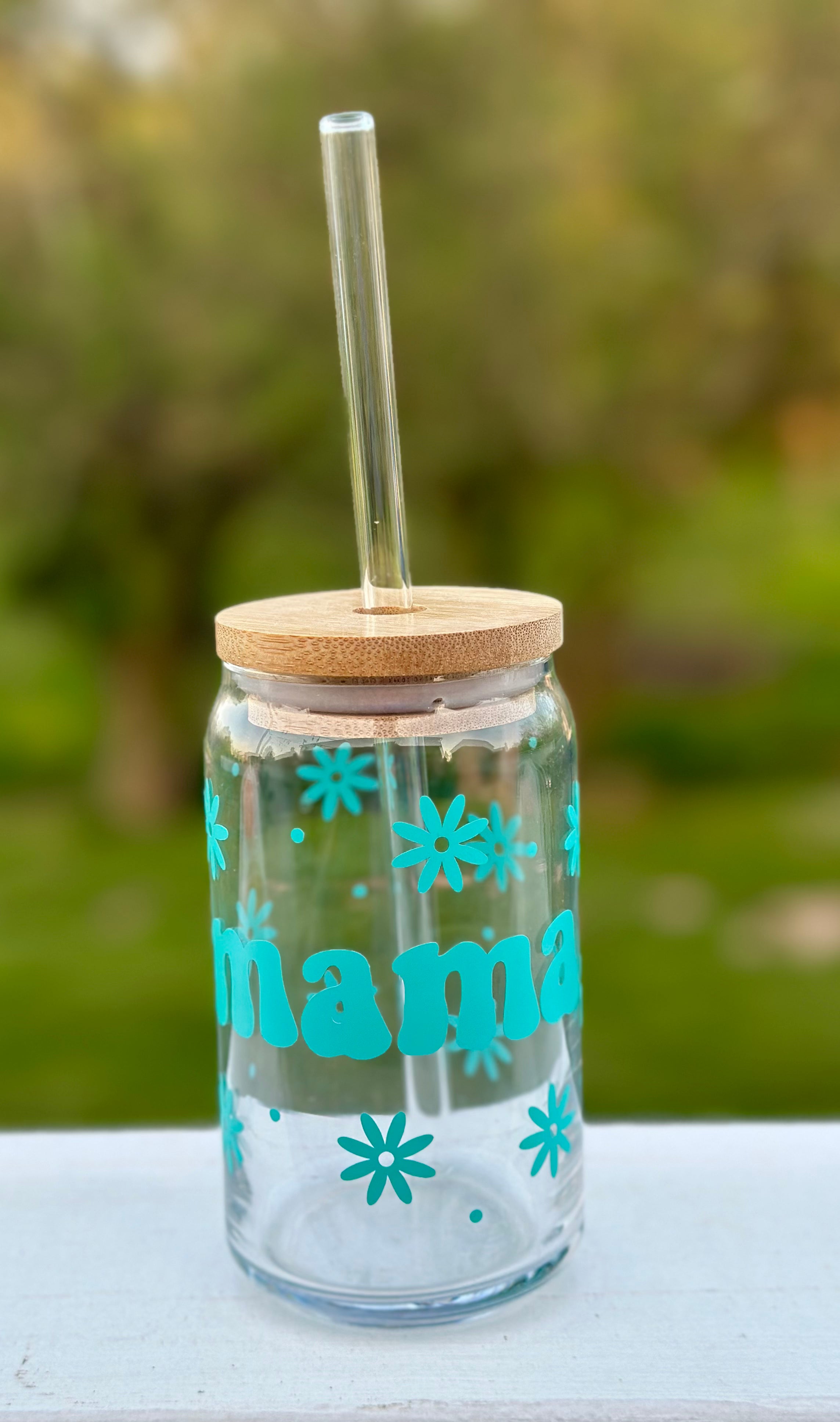 Mama Teal Glass Iced Coffee Cup With Bamboo Lid & Glass Straw