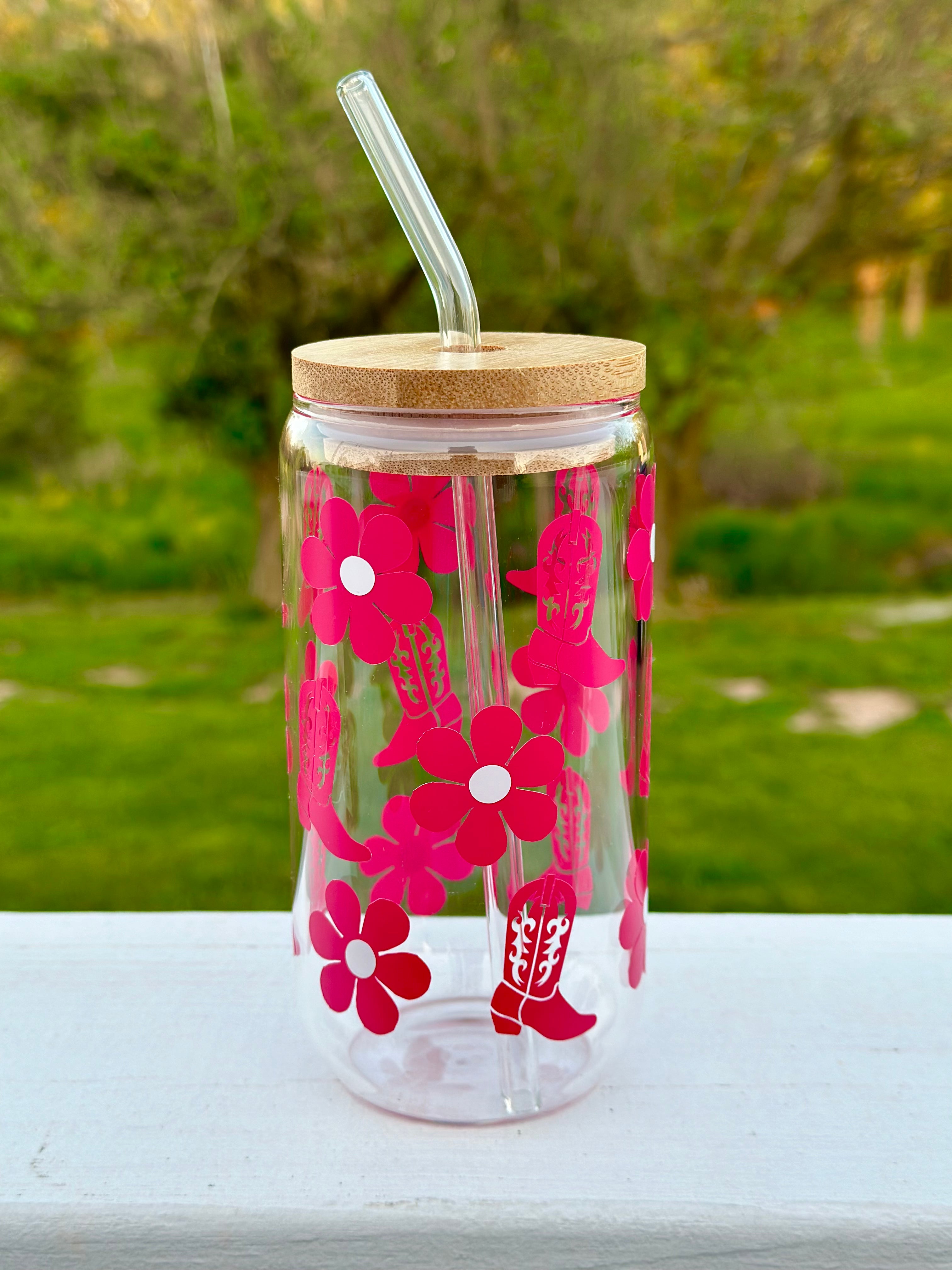 Cowgirl Boots and Flowers County Glass With Bamboo Lid & Glass Straw