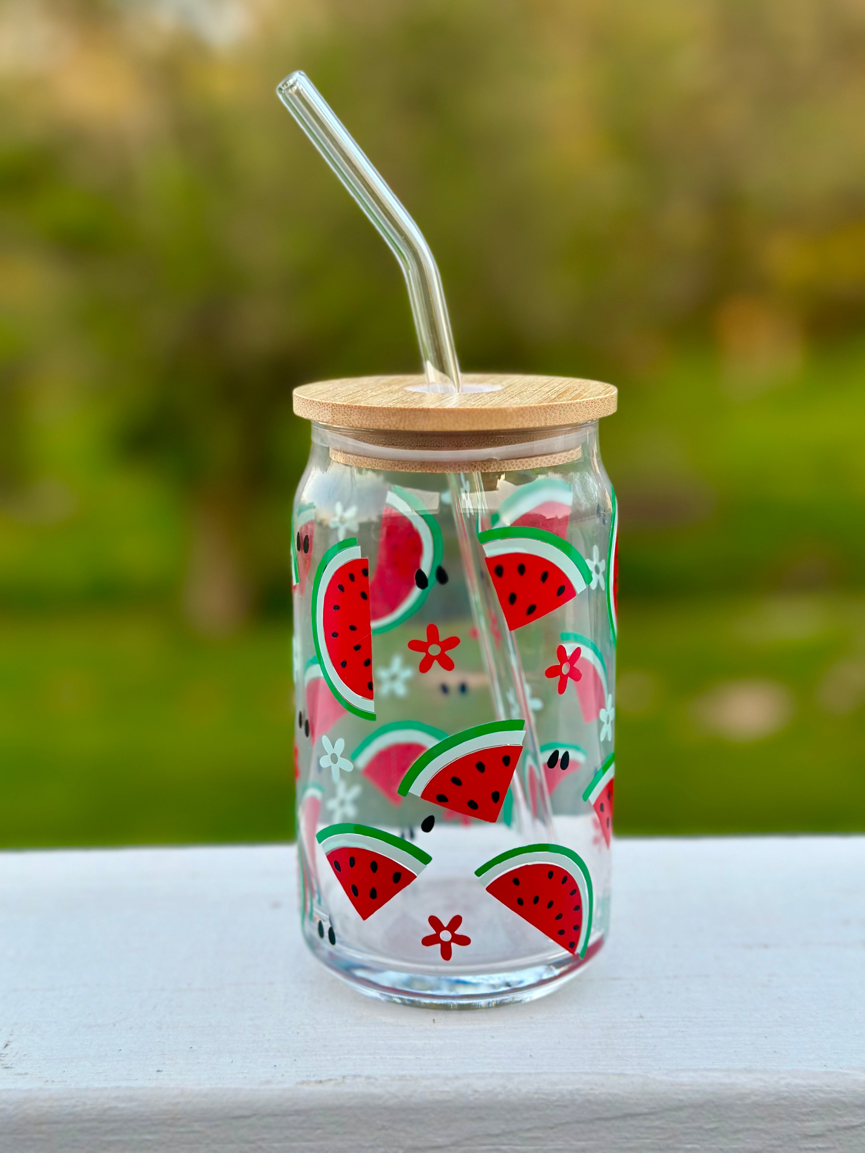 Watermelon Summer Glass Iced Coffee Cup With Bamboo Lid & Glass Straw