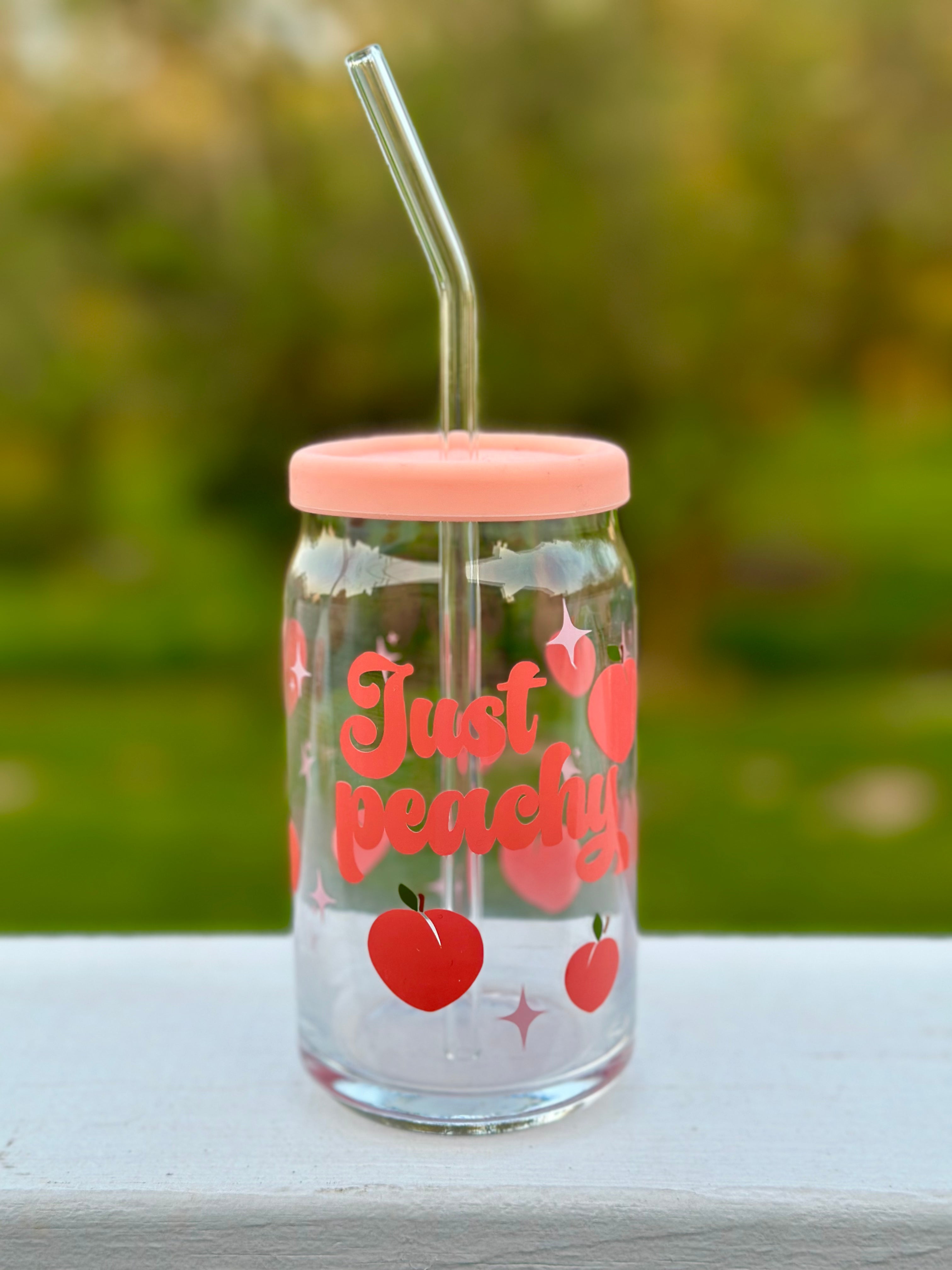Just Peachy Glass With Bamboo Lid & Glass Straw