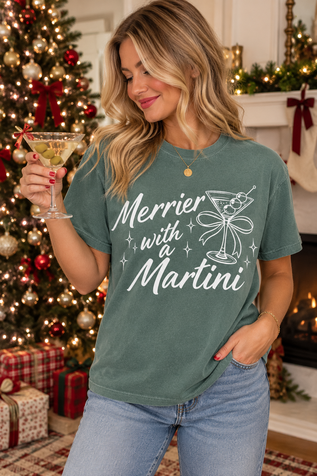 Merrier with a Martini Spruce Green T-Shirt, Christmas Drinking Shirts, Holiday Drinking Shirts
