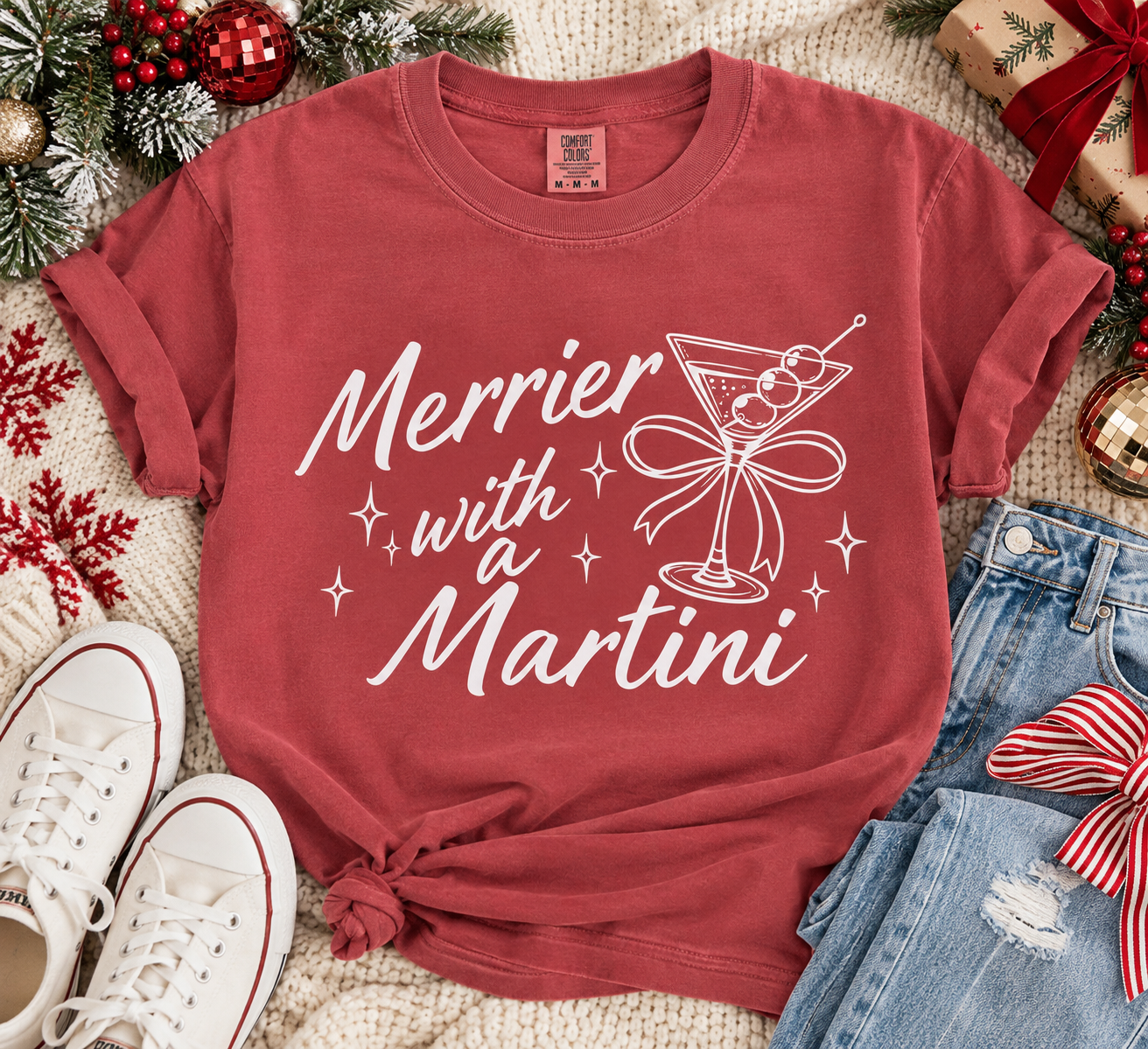 Merrier with a Martini Spruce Red T-Shirt, Christmas Drinking Shirts, Holiday Drinking Shirts (Copy)