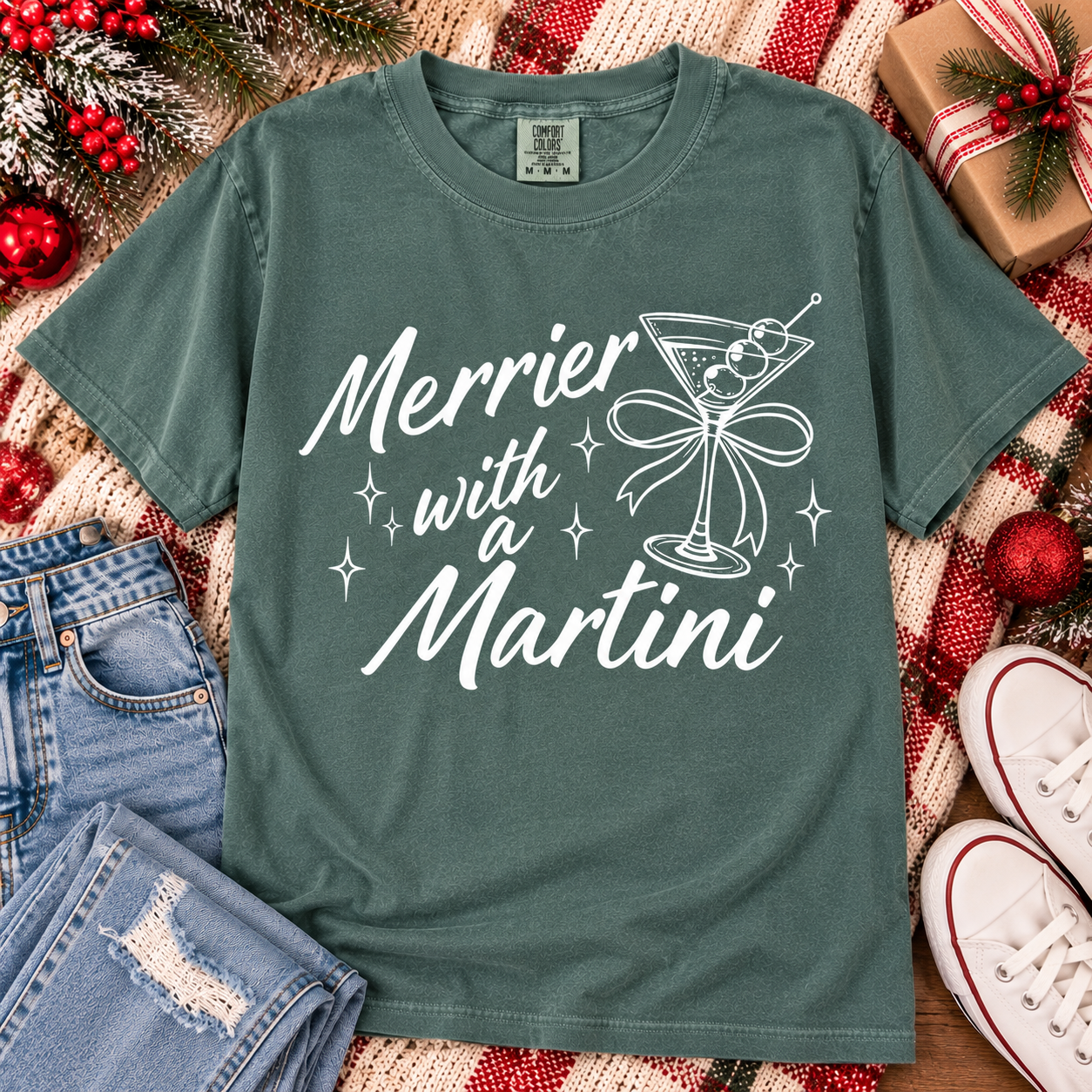 Merrier with a Martini Spruce Green T-Shirt, Christmas Drinking Shirts, Holiday Drinking Shirts