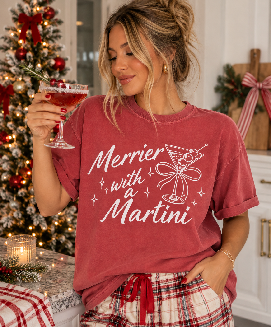 Merrier with a Martini Spruce Red T-Shirt, Christmas Drinking Shirts, Holiday Drinking Shirts (Copy)