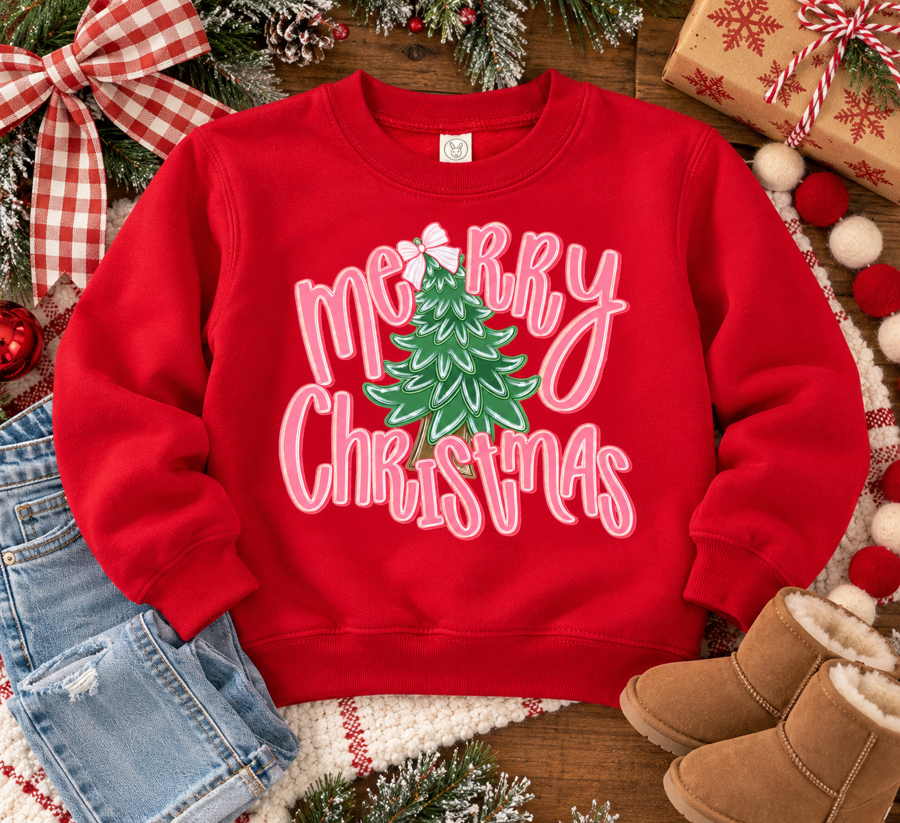 Merry Christmas Kids Red Crewneck Holiday Sweatshirt