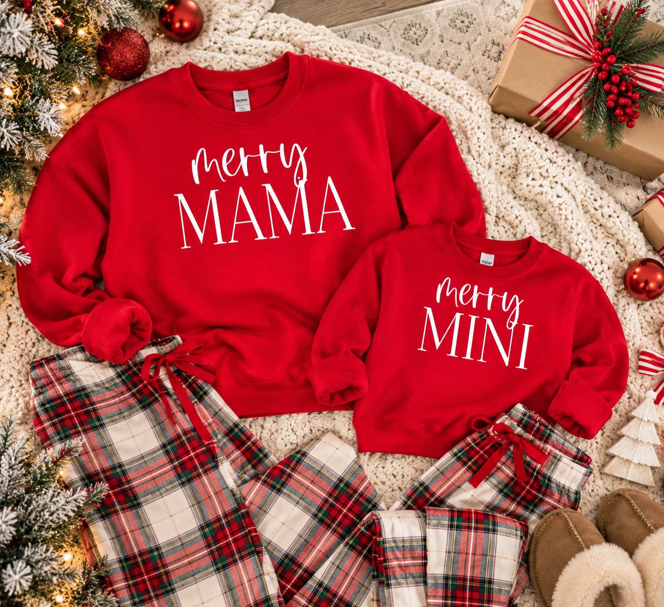 Merry Mama Merry Mini Matching Christmas Sweatshirts, Mom and Daughter Matching Crewnecks, Red Christmas Family Outfits, Mommy and Me