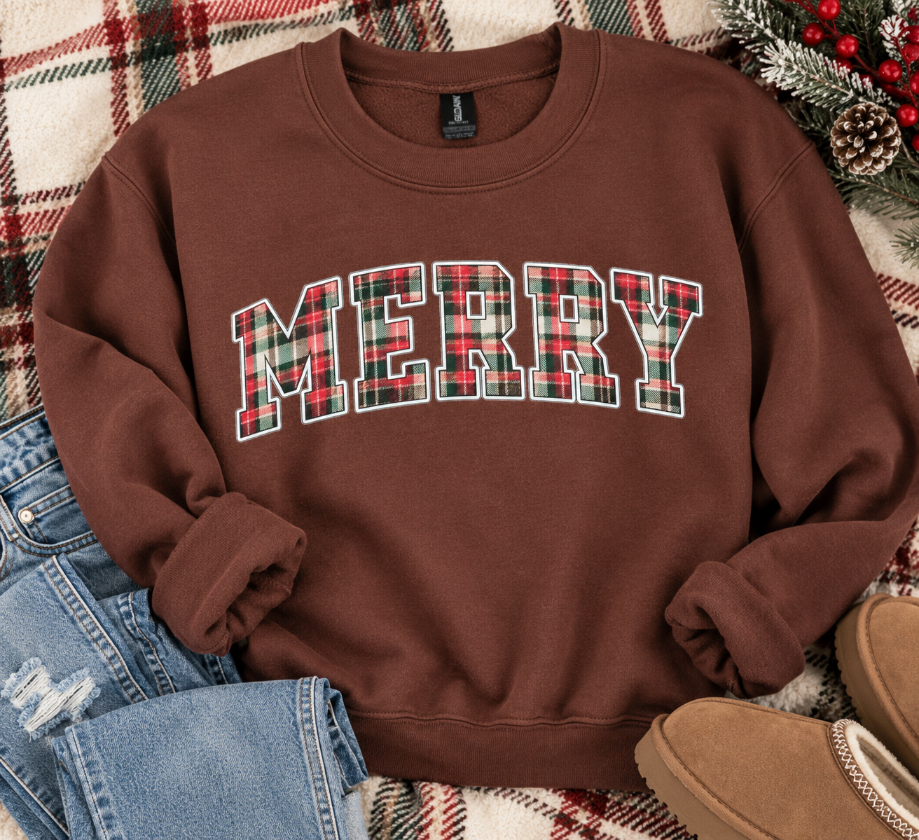 Merry Christmas Vintage Plaid Sweatshirt, Red Green Tartan Crewneck, Brown Christmas Sweatshirt