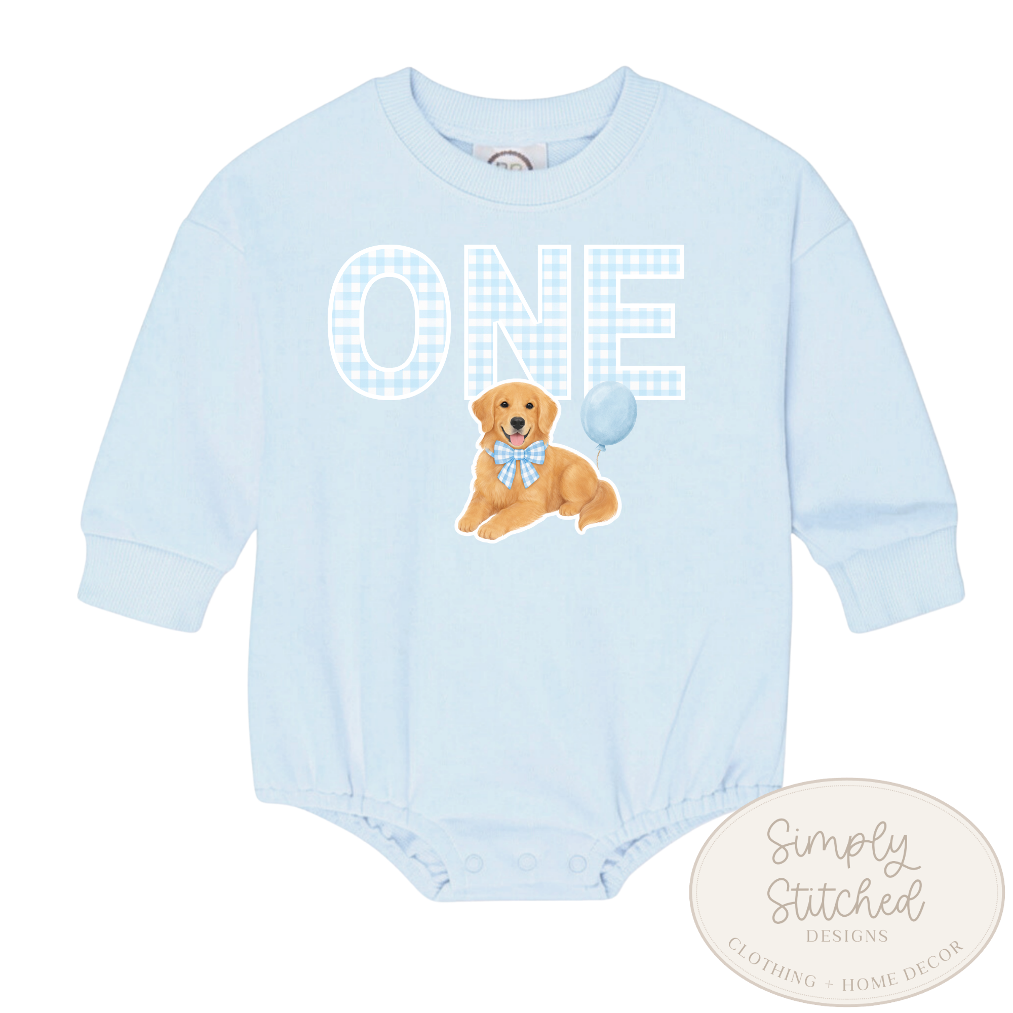 Light blue baby romper with a dog illustration and 'ONE' text on a white background.