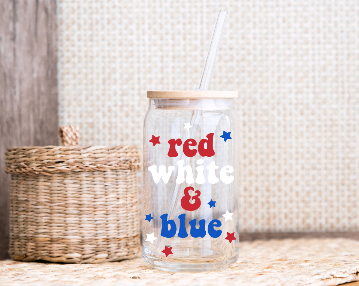 Fourth of July Red White and Blue Coffee Glass With Bamboo Lid & Glass Straw