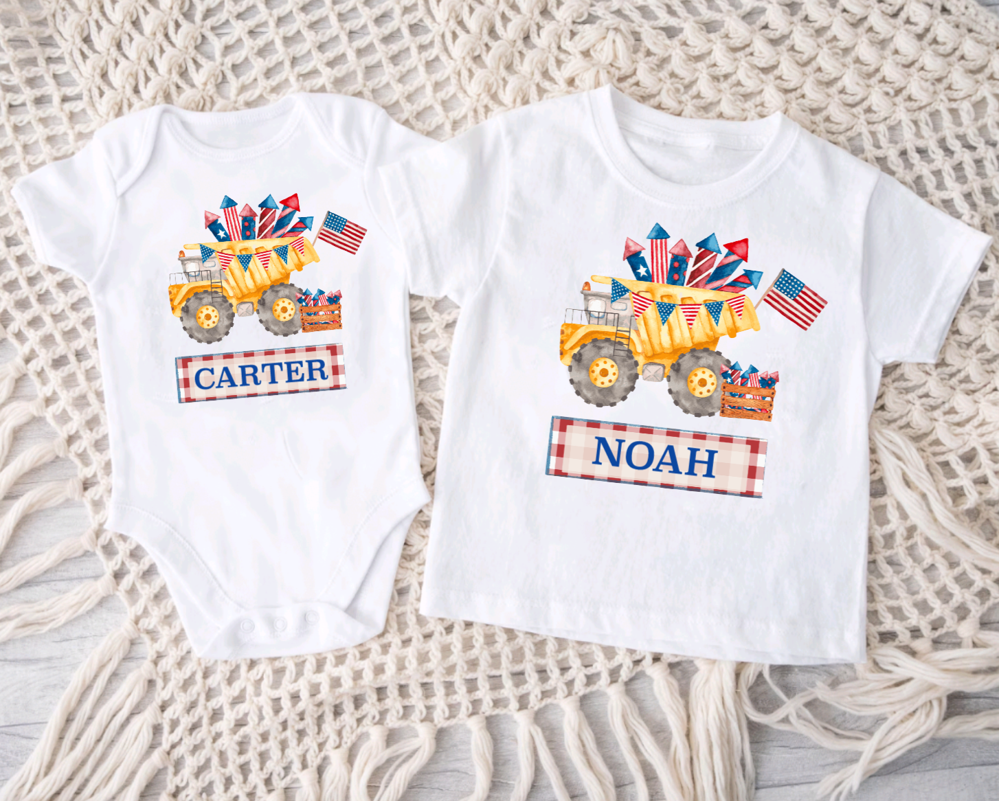 Personalized 4th of July Boys Excavator White Tee