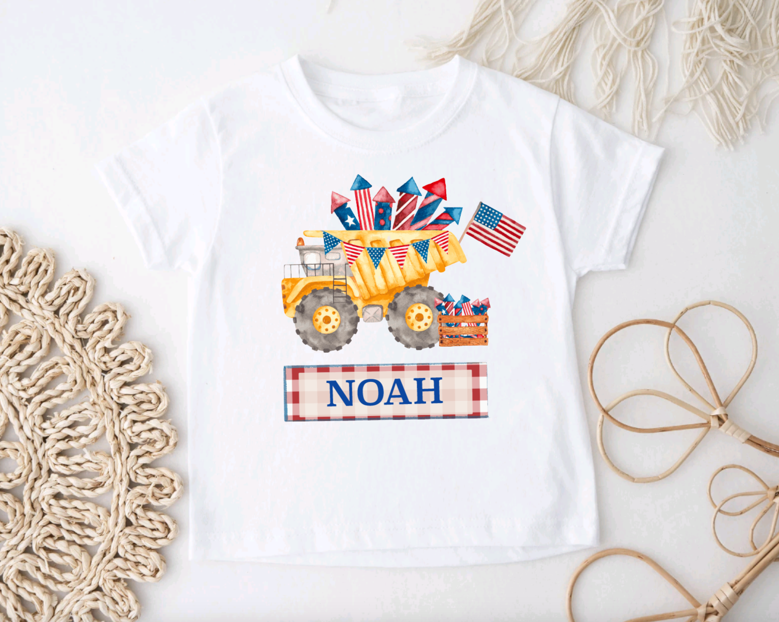 Personalized 4th of July Boys Excavator White Tee