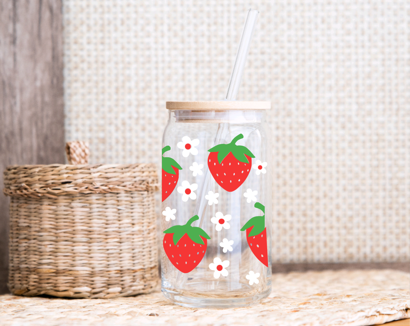 Strawberry Glass Iced Coffee Cup With Bamboo Lid & Glass Straw