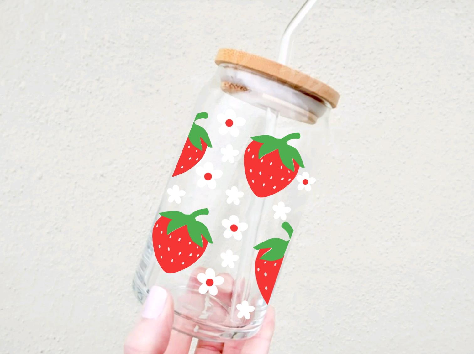 Strawberry Glass Iced Coffee Cup With Bamboo Lid & Glass Straw