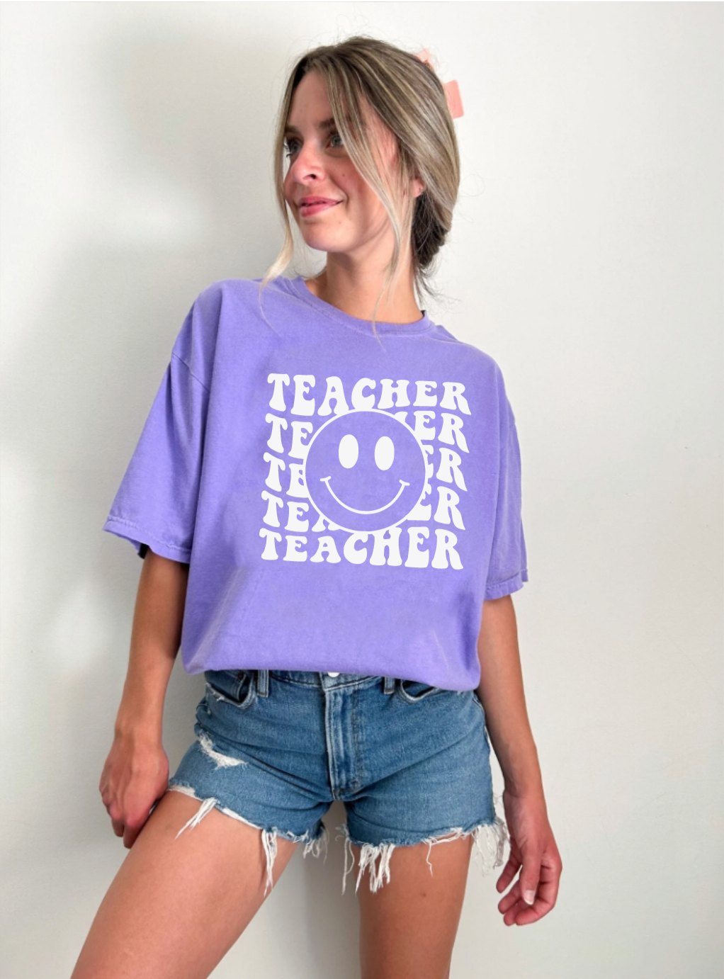 Violet Retro Teacher Tan Smiley Tee