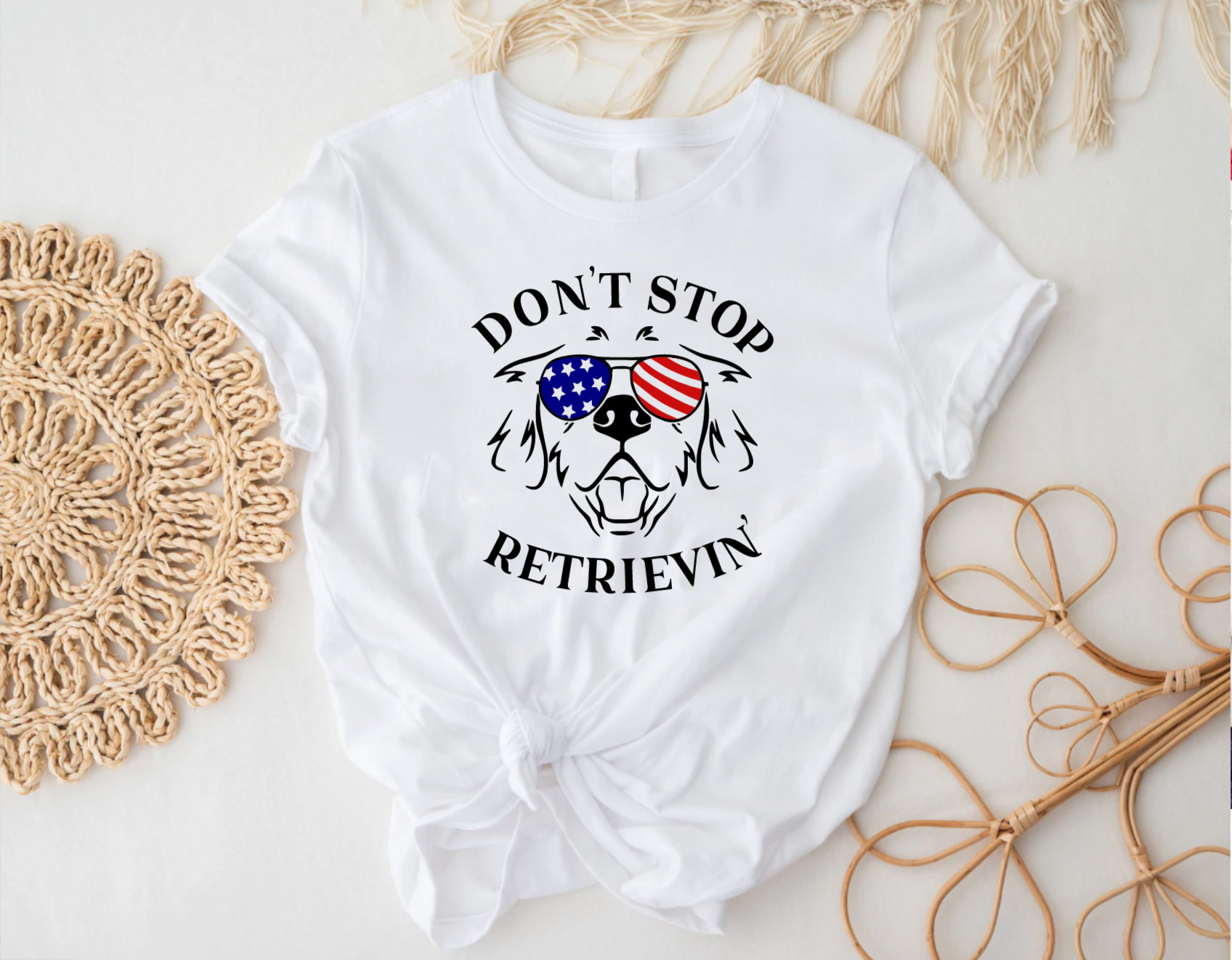 Don't Stop Retrievin' Golden Retriever Fourth of July White Tee