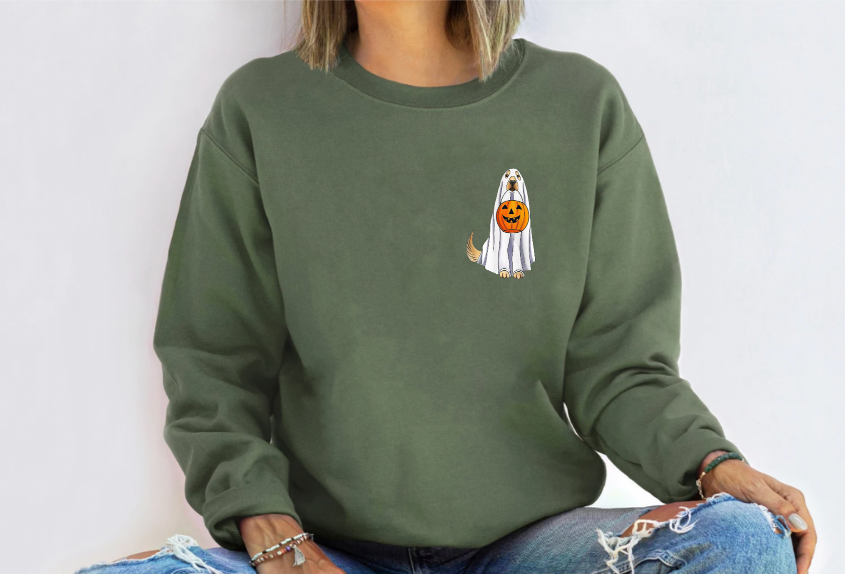 Golden Retriever Halloween Olive Green Crewneck