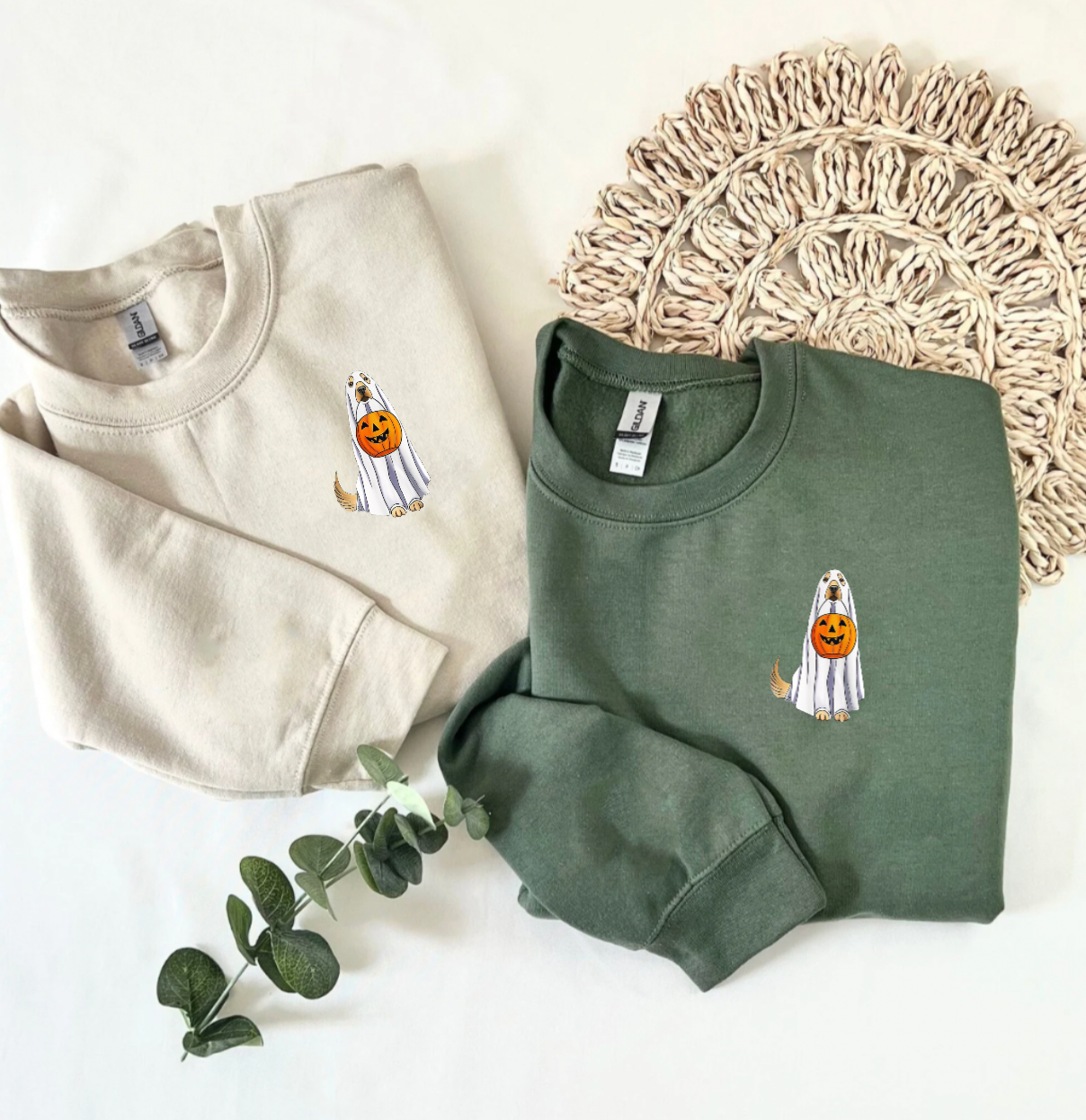 Golden Retriever Halloween Tan or Olive Green Crewneck