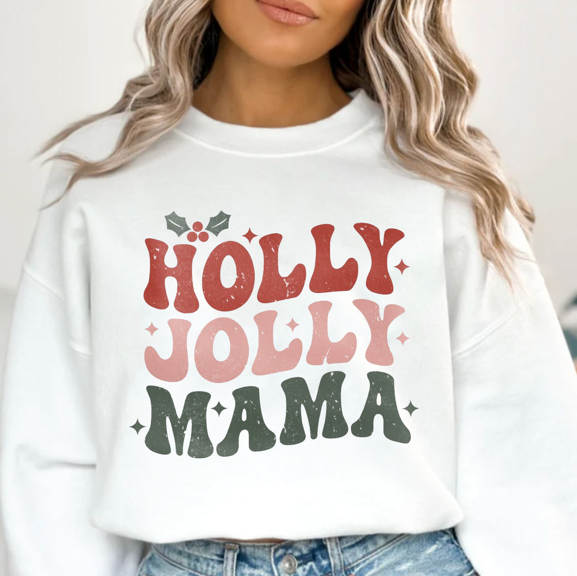 Holly Jolly Mama Christmas White Crewneck