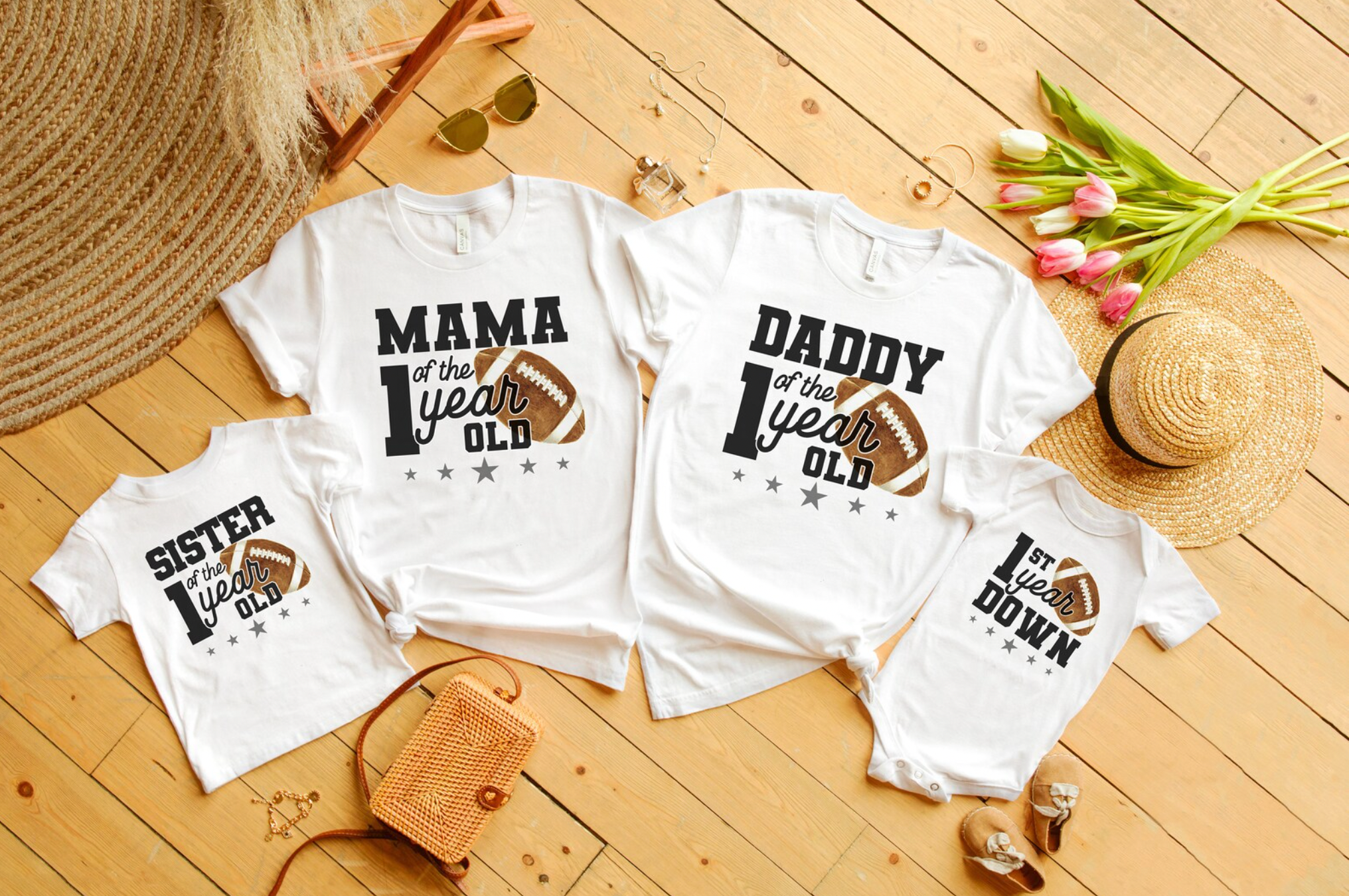 First Birthday First Year Down Football White Bodysuit or Shirt for Babies