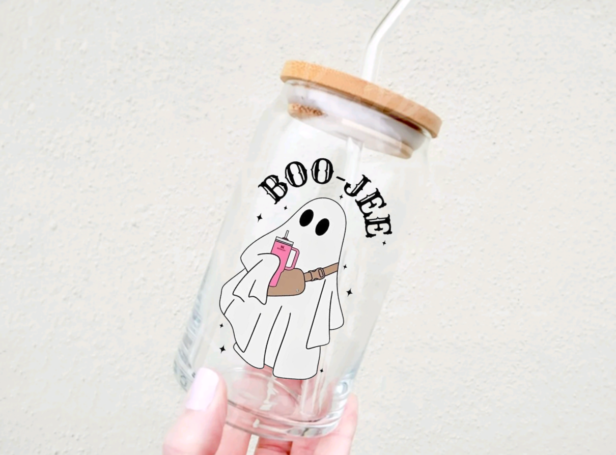 Boo-jee Ghost Halloween Glass Iced Coffee Cup With Bamboo Lid & Glass Straw