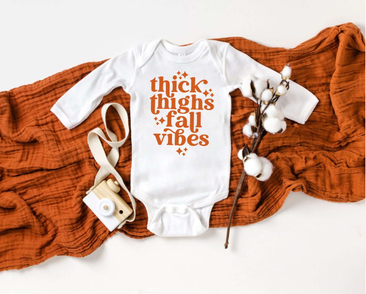 Thick Thighs & Fall Vibes White Long Sleeve Bodysuit for Babies
