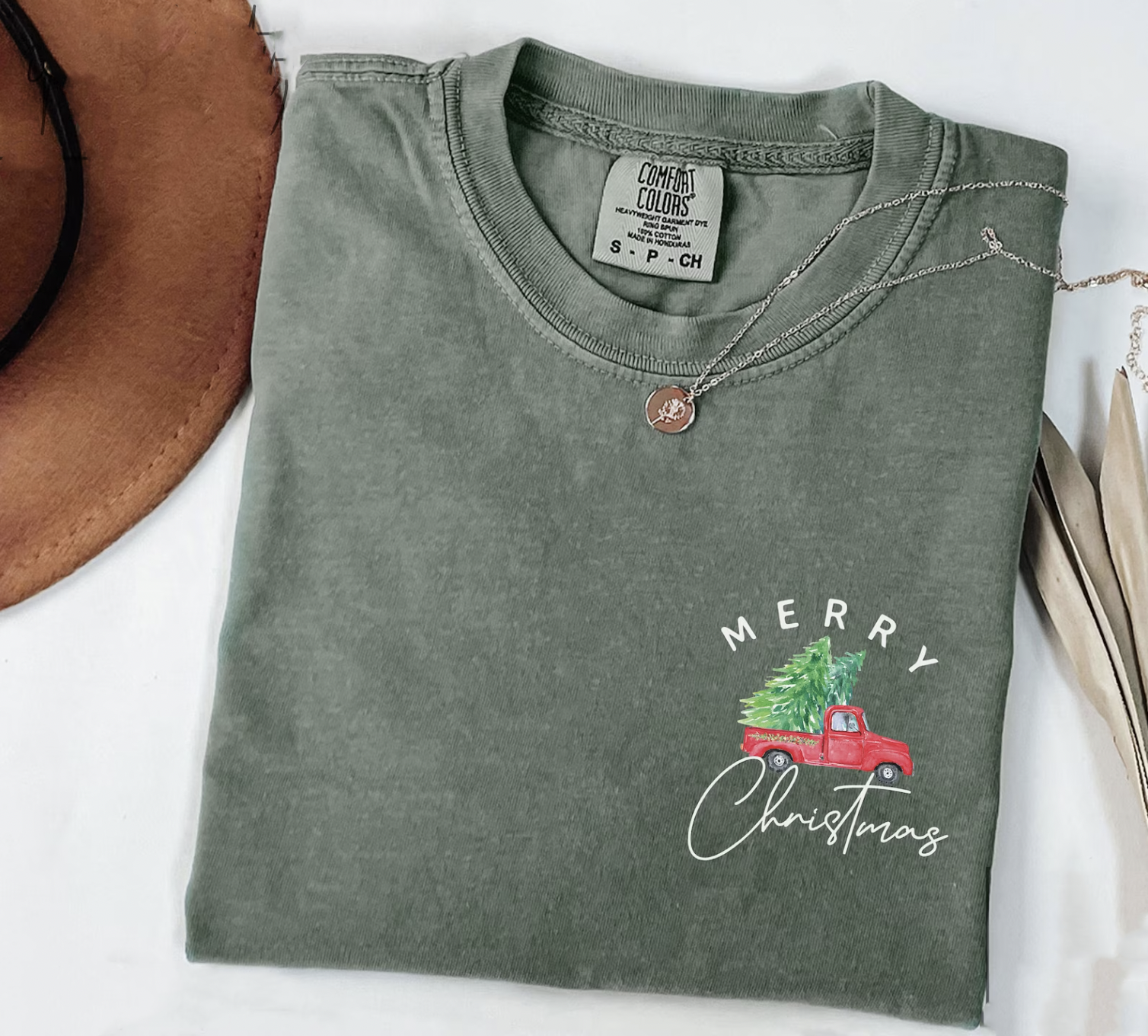 Merry Christmas Vintage Truck Olive Green Tee