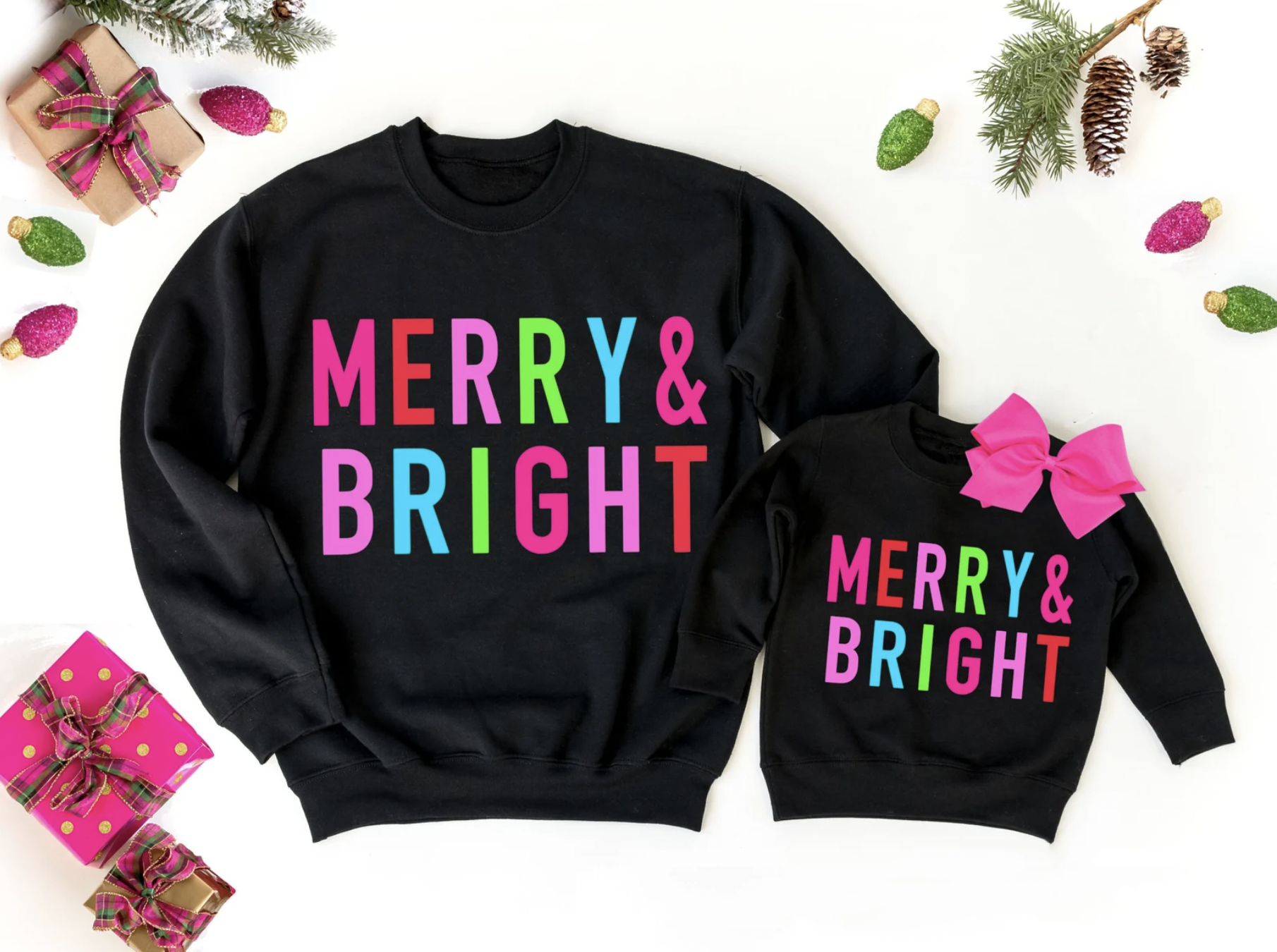 Merry and Bright Black Matching Christmas Crewnecks