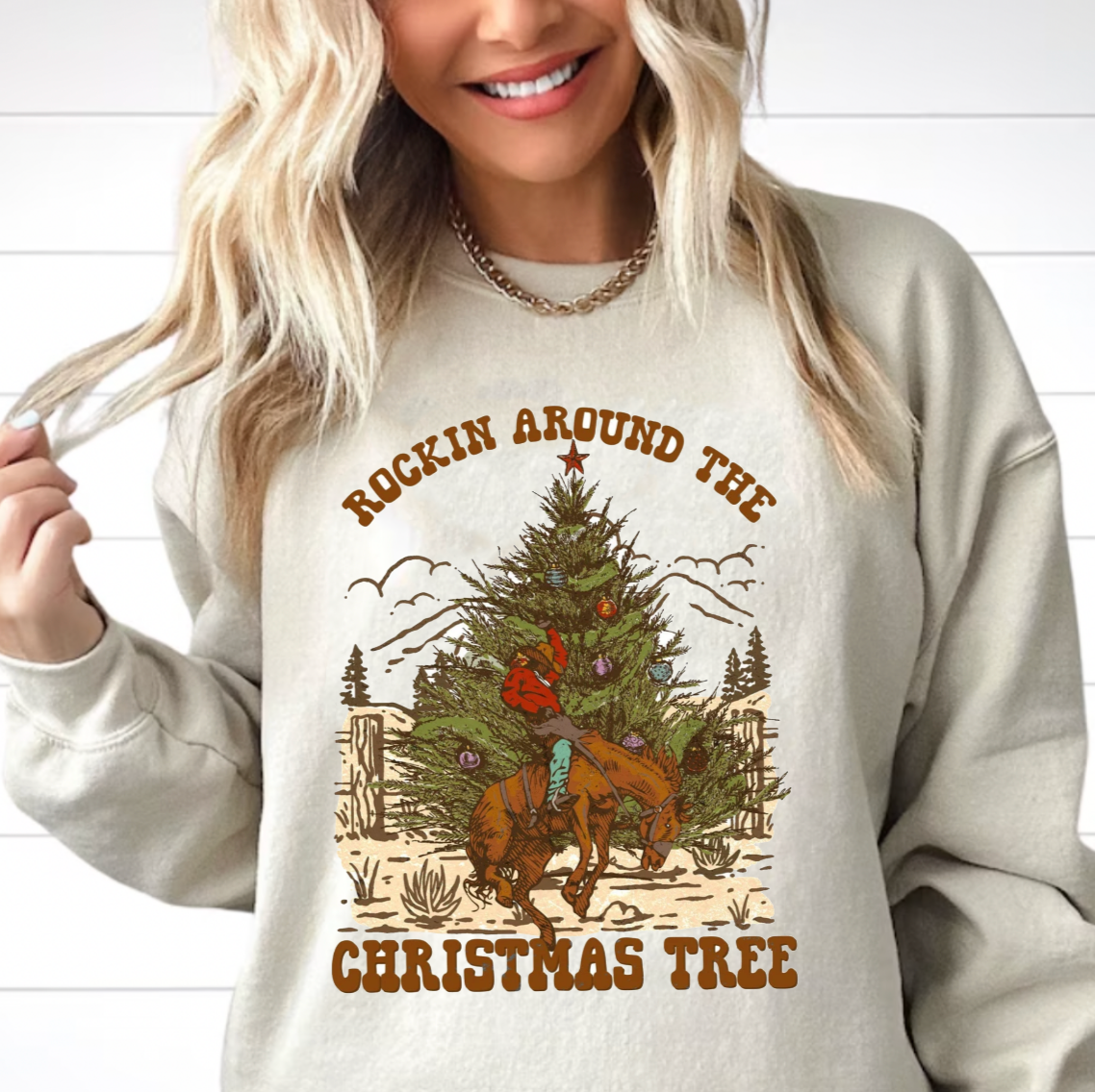 Rockin Around the Christmas Tree Country Tan or White Crewneck