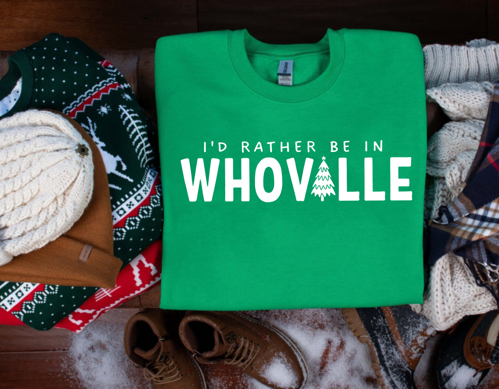 I'd Rather Be In Whoville Funny Christmas Movie Green Crewneck