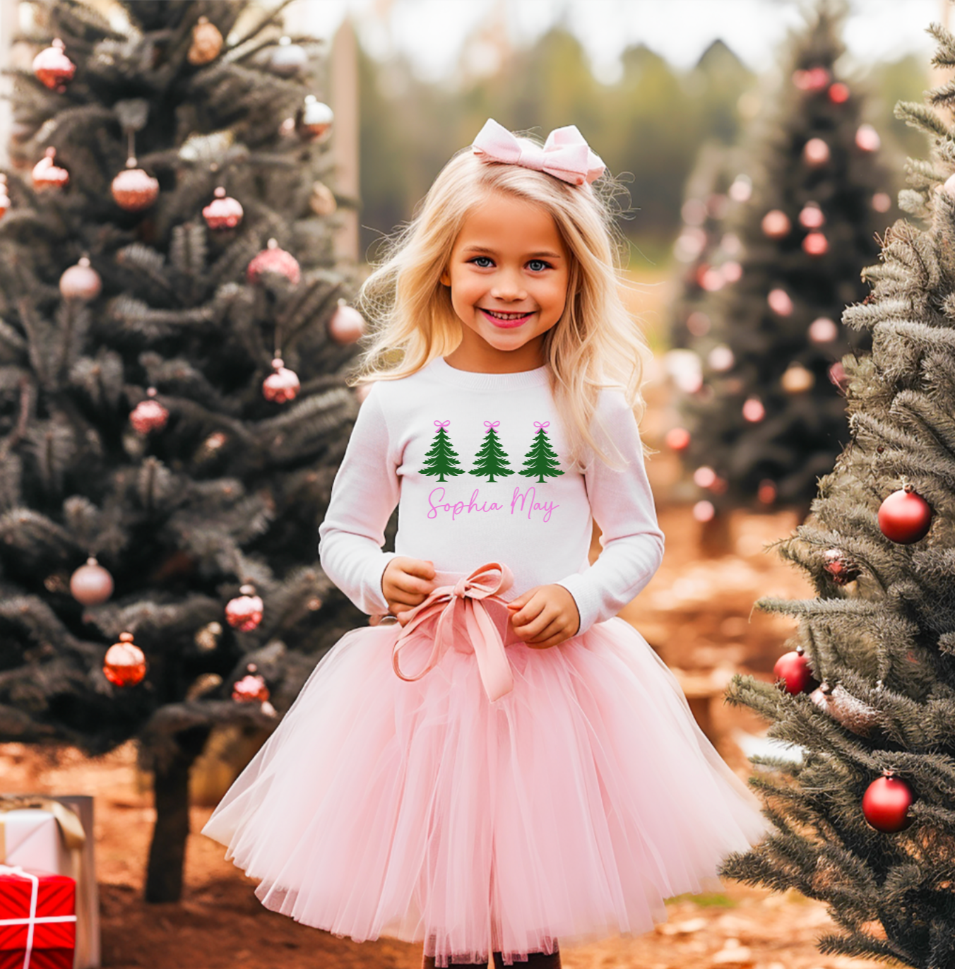 Personalized Pink Bow Christmas Tree Tees