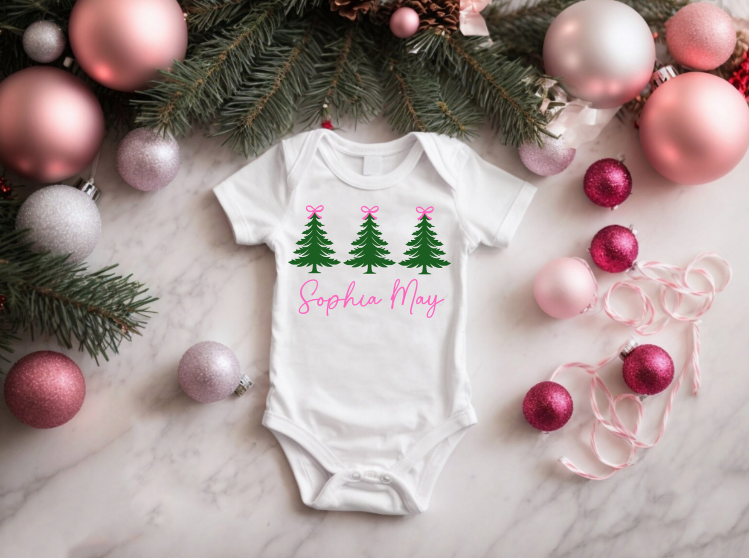 Personalized Pink Bow Christmas Tree Tees
