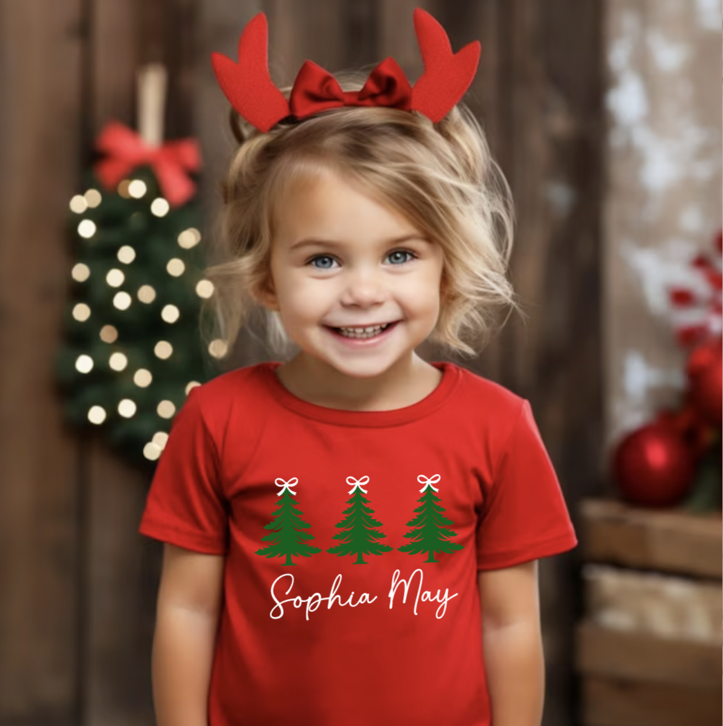 Personalized Red Bow Christmas Tree Tee