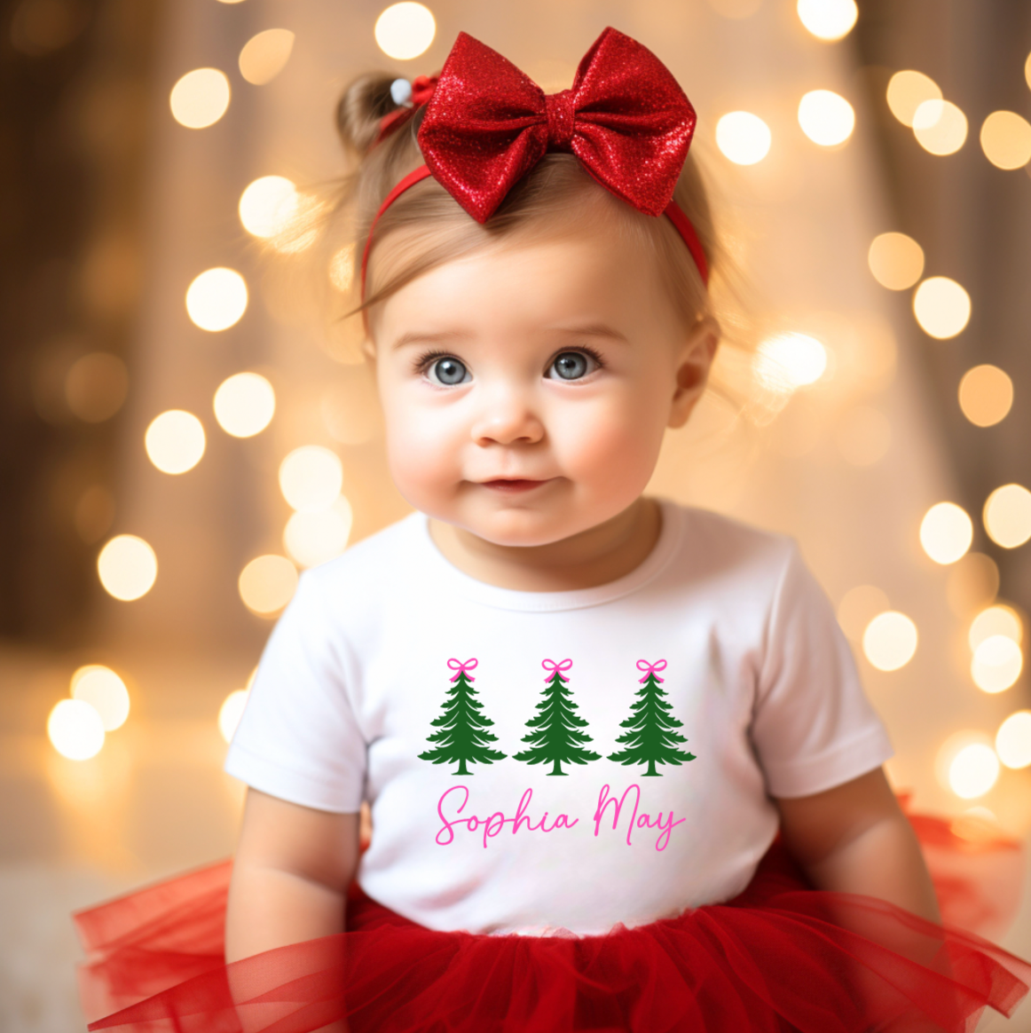 Personalized Pink Bow Christmas Tree Tees