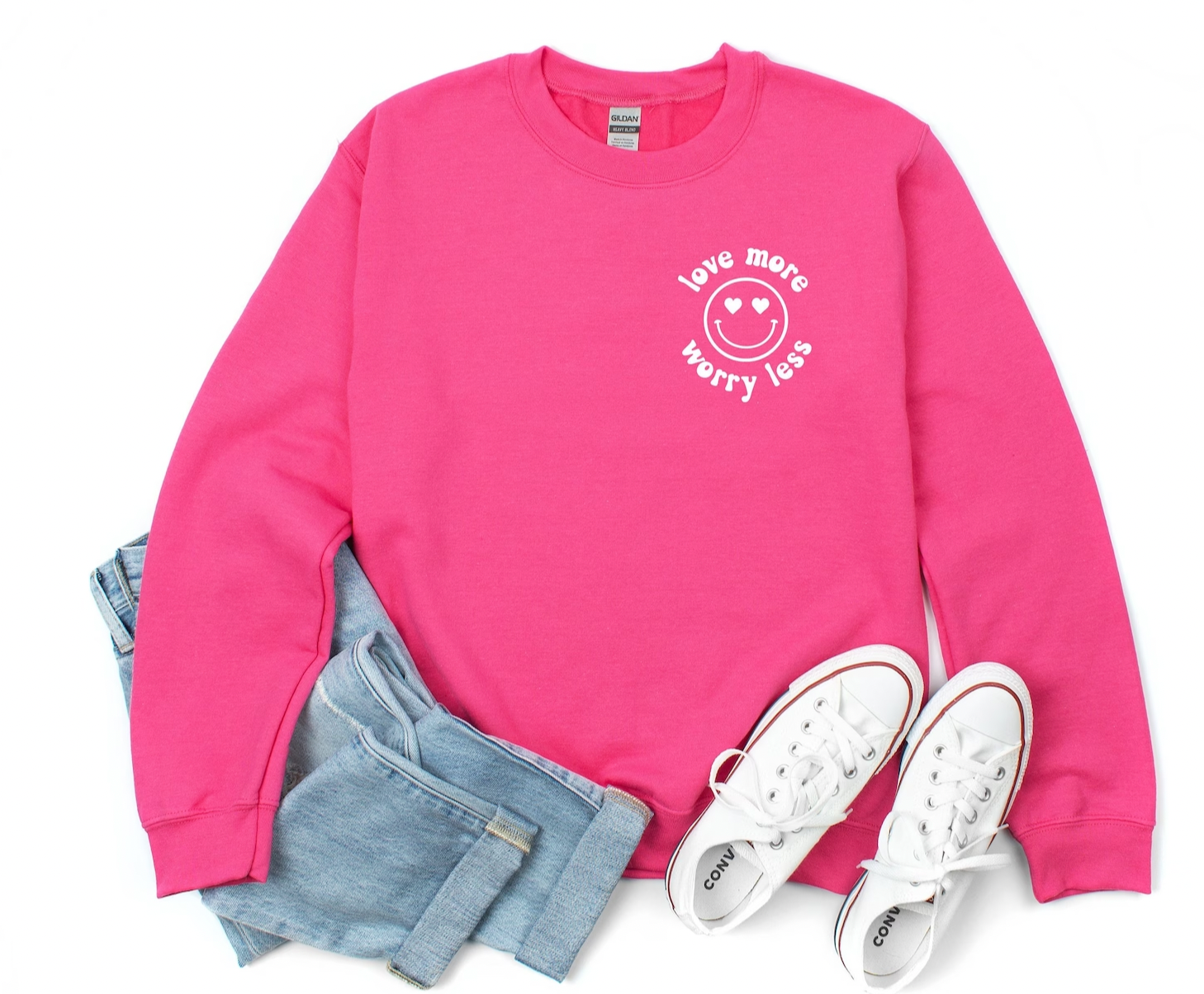 Love More Worry Less Hot Pink Crewneck