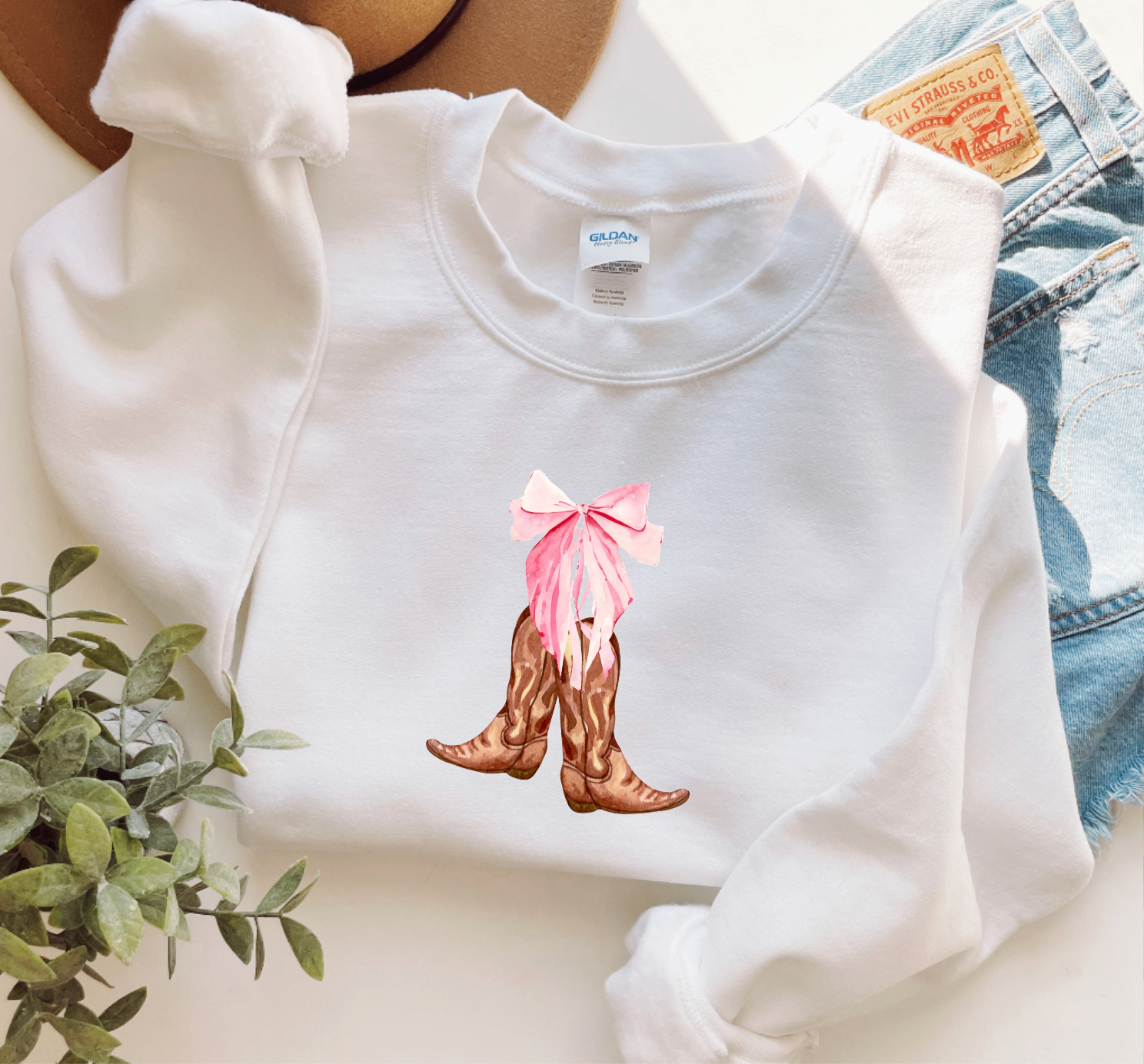 Coquette Pink Bow and Boots Country Valentine's Day White Crewneck