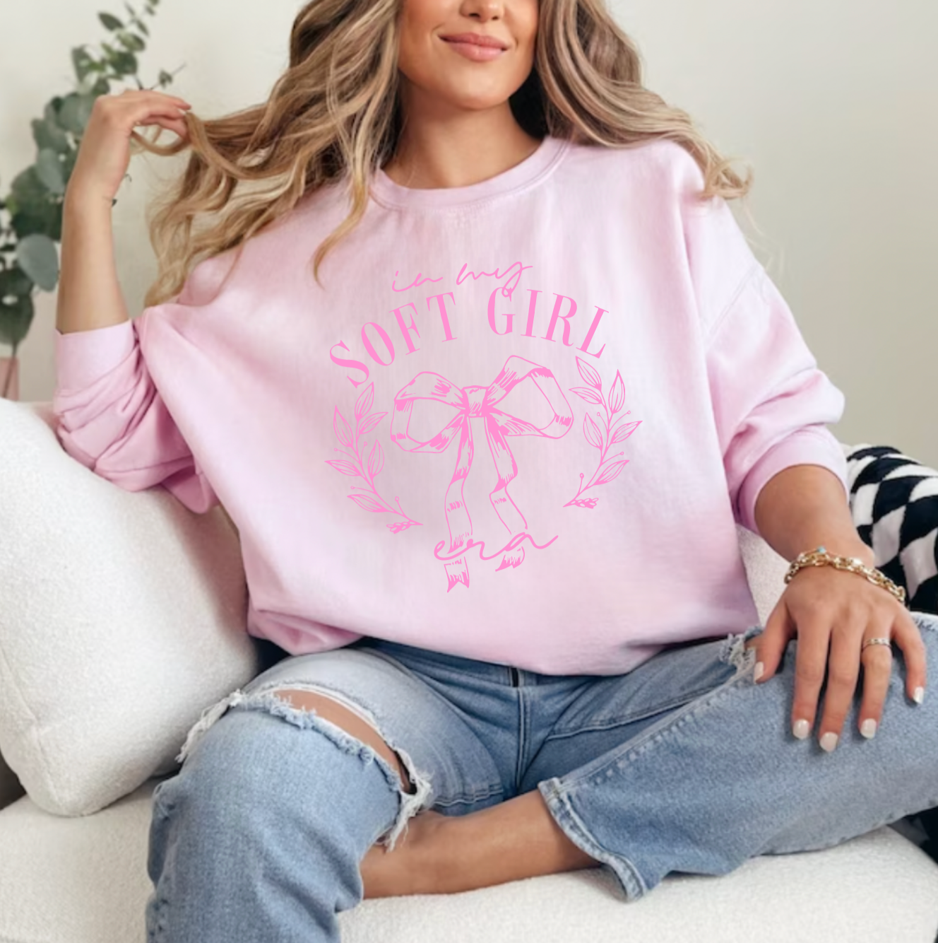 In My Soft Girl Era Coquette Small Pink Bow Valentine's Day Pink Crewneck