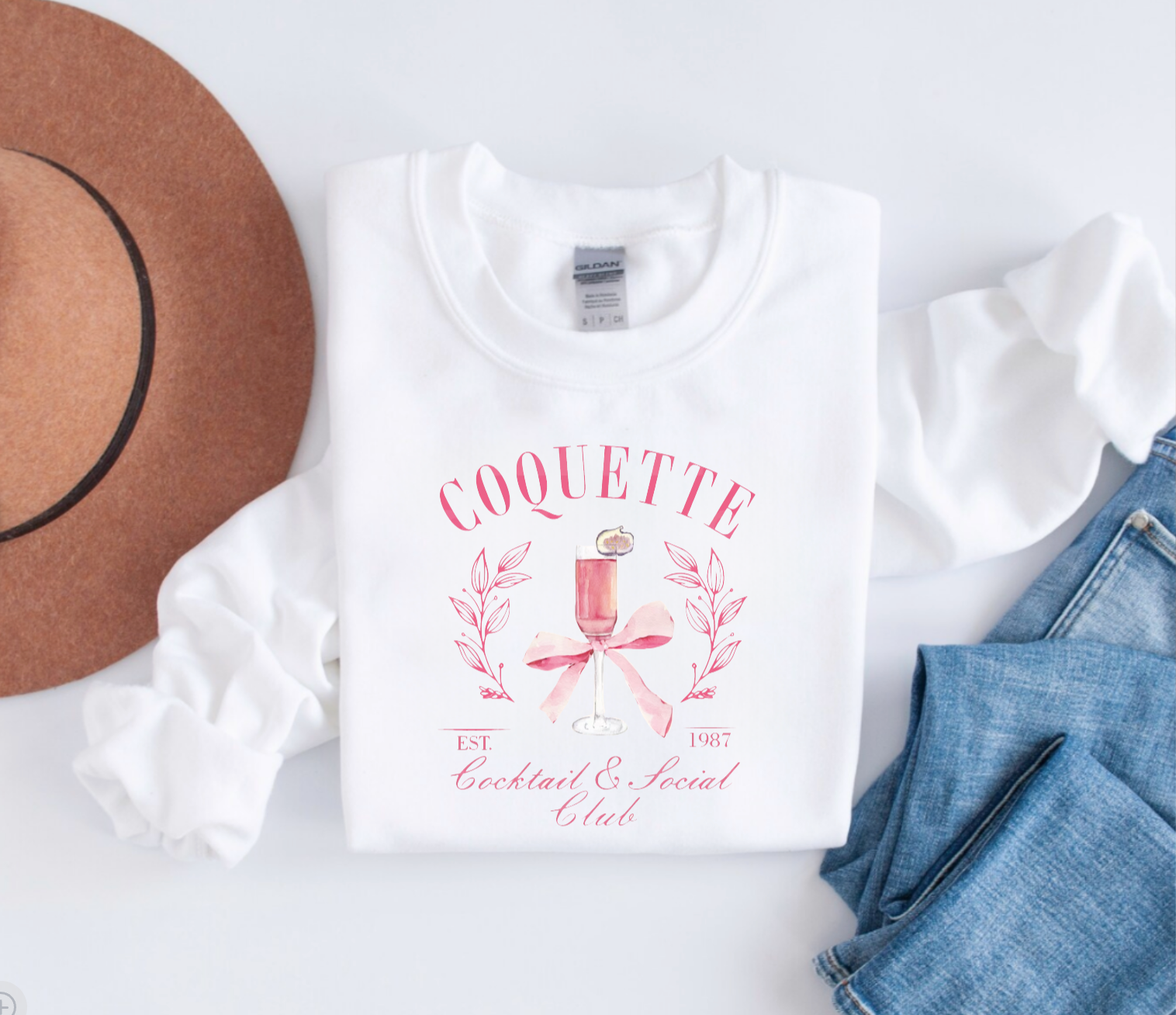 Coquette Cocktail & Social Club Pink Bow Valentine's Day White Crewneck