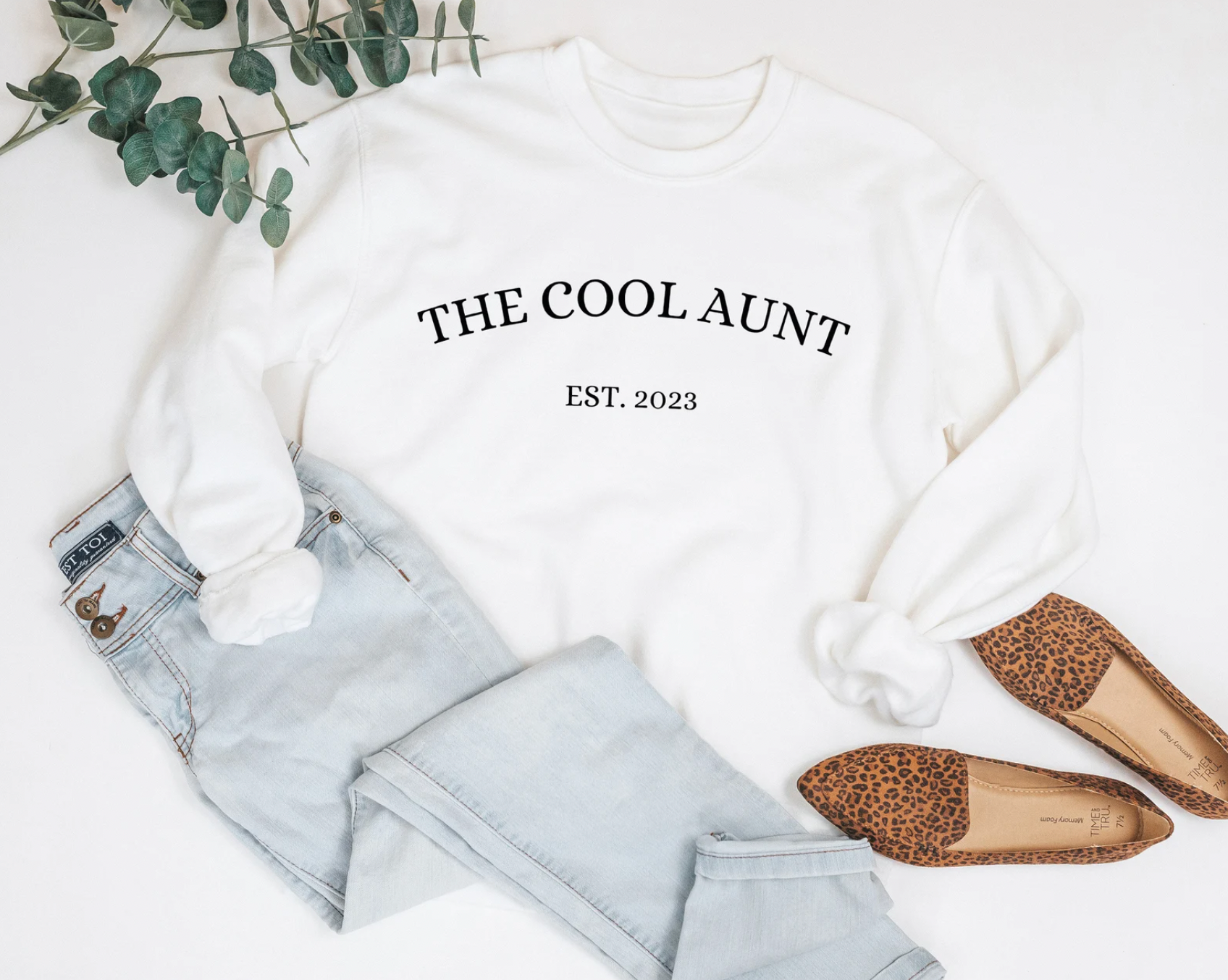 The Cool Aunt Est. Year Long Sleeve White Crewneck Sweatshirt