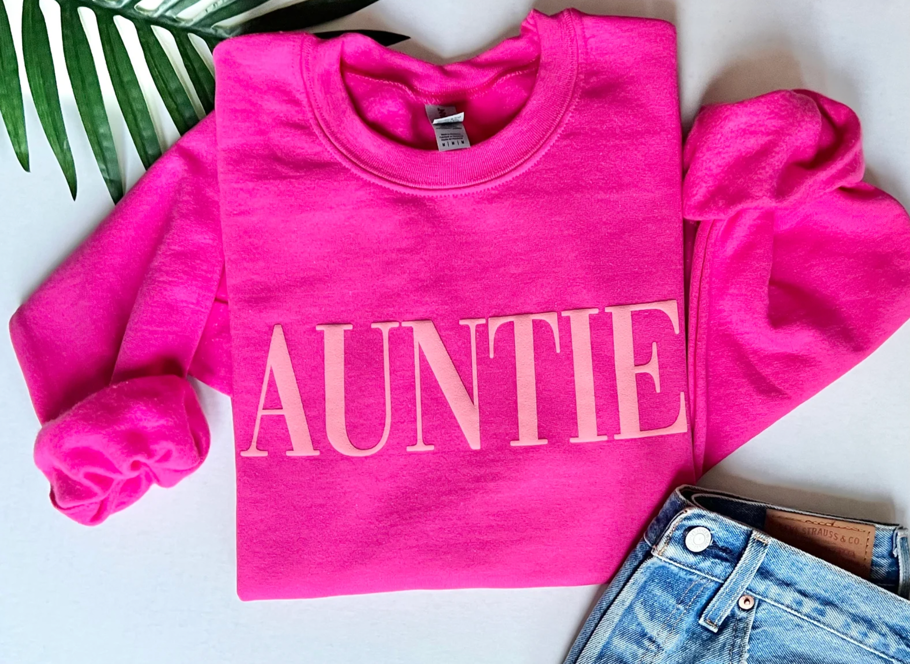 Auntie Long Sleeve Hot Pink Crewneck Sweatshirt