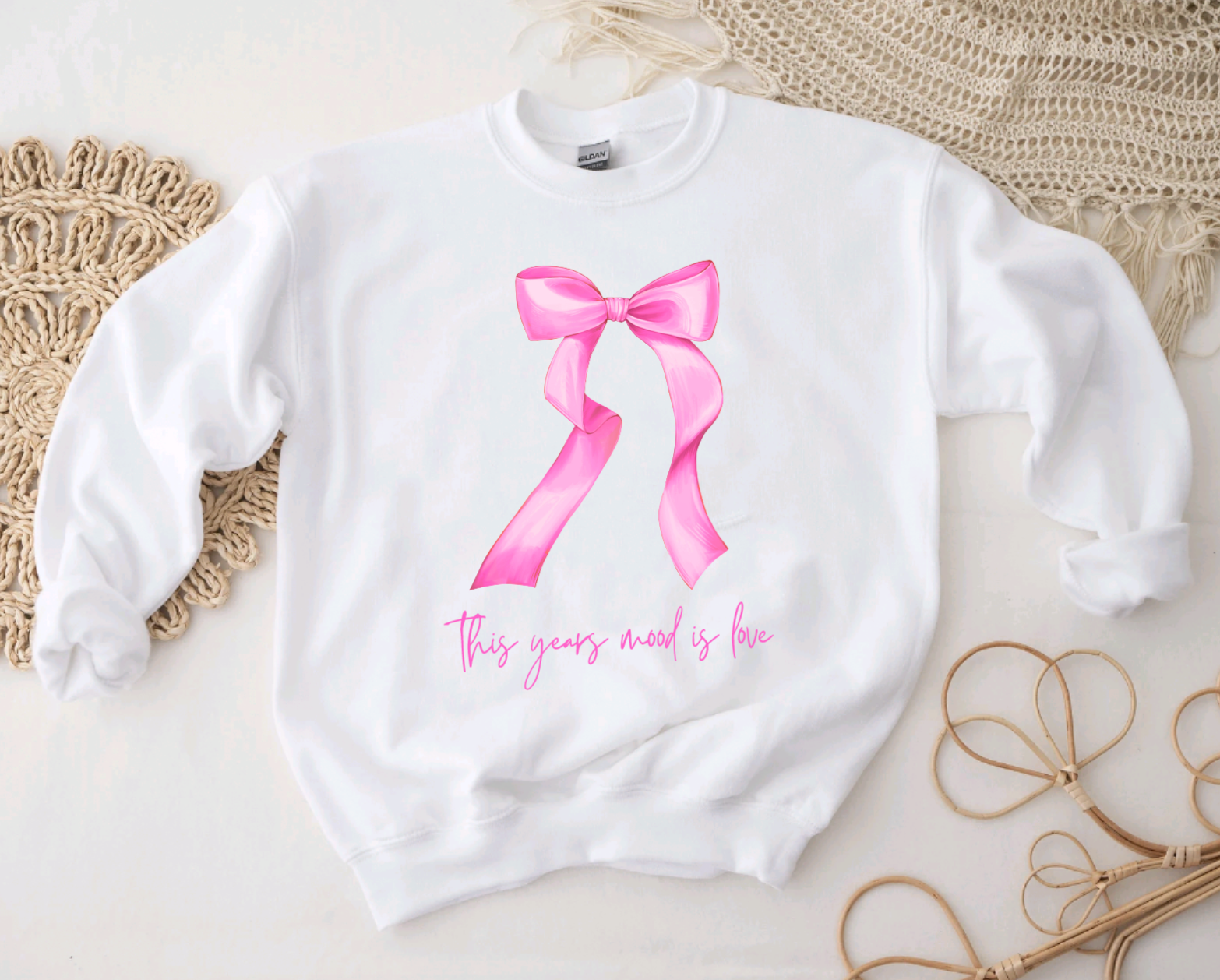 This Years Mood Is Love Pink Bow Coquette Valentine's Day White Crewneck