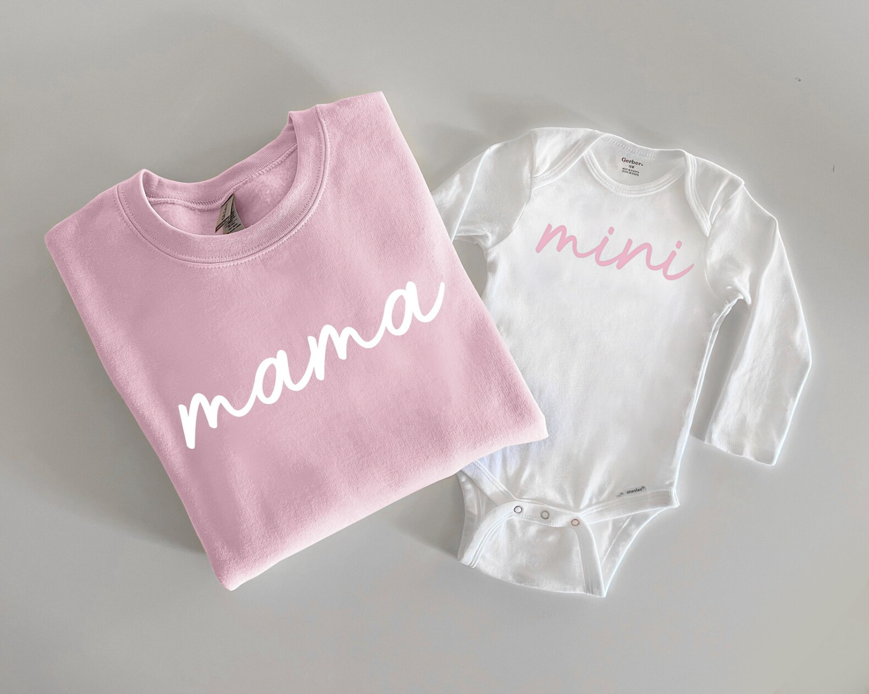 Matching Mommy and Me Pink and White Long Sleeve Crewneck With Matching Long Sleeve T-Shirt or Bodysuit